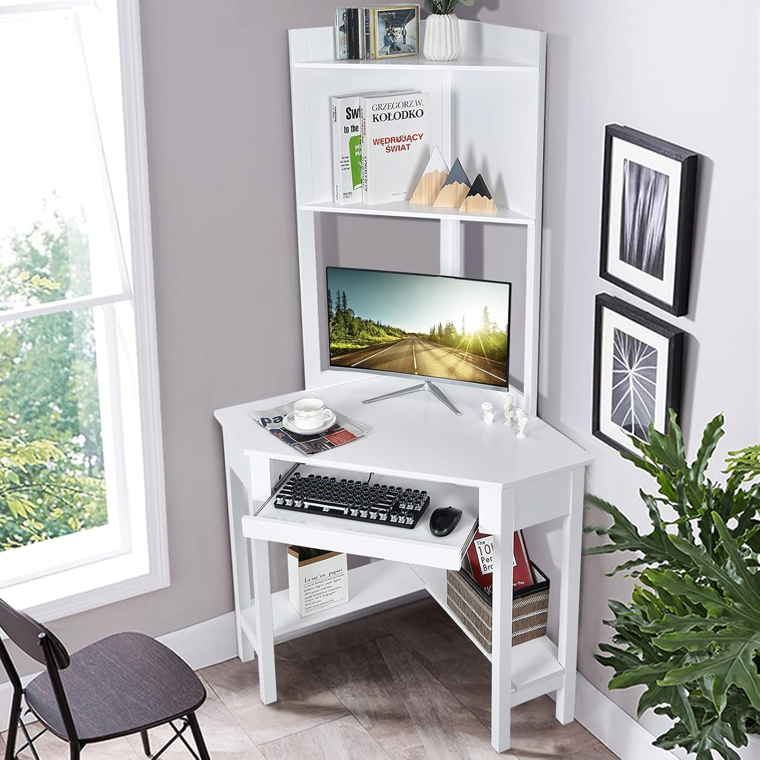 White Corner Desk With Hutch And Keyboard Tray For Small Spaces