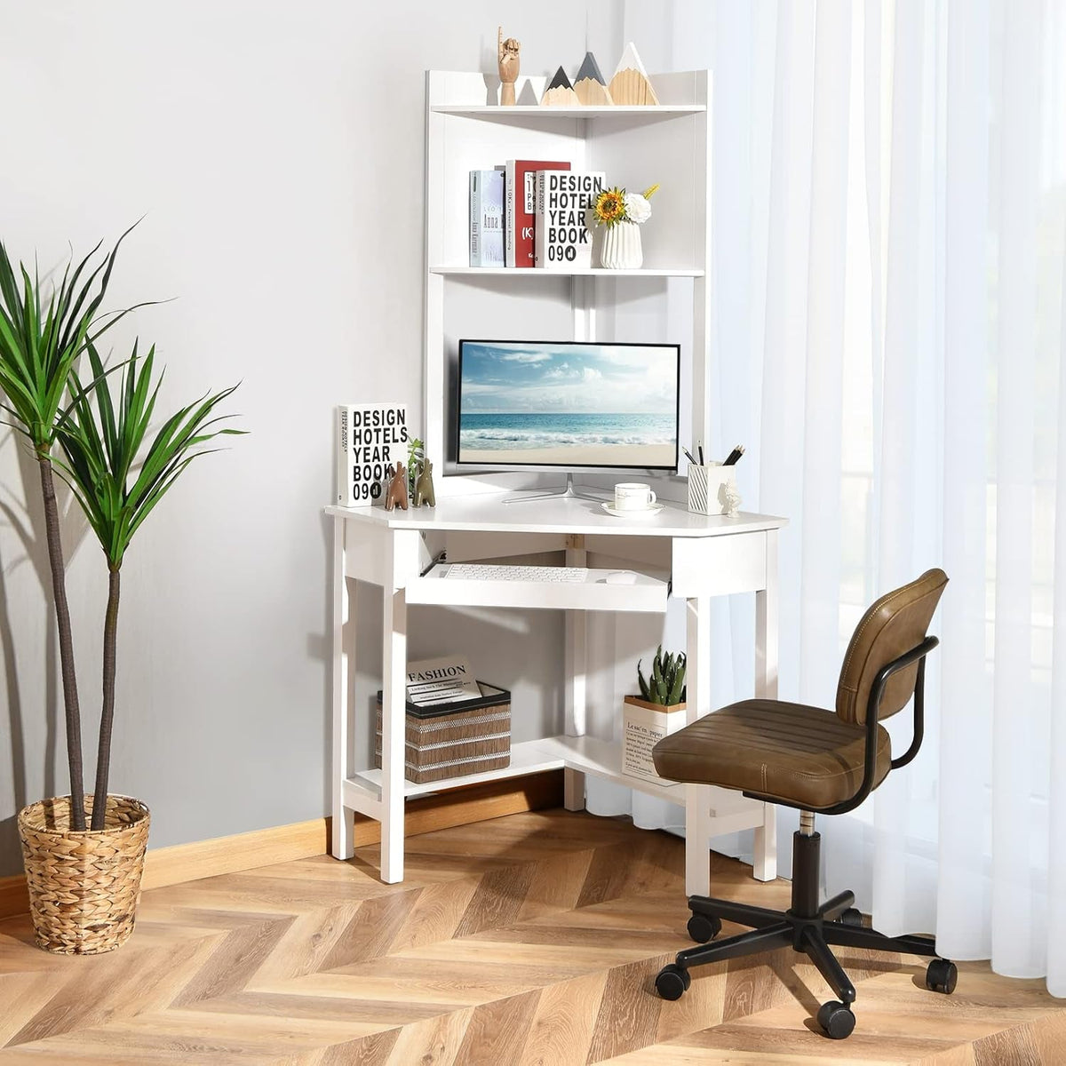 White Corner Desk With Hutch And Keyboard Tray For Small Spaces