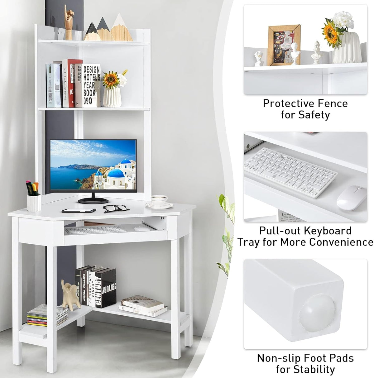 White Corner Desk With Hutch And Keyboard Tray For Small Spaces