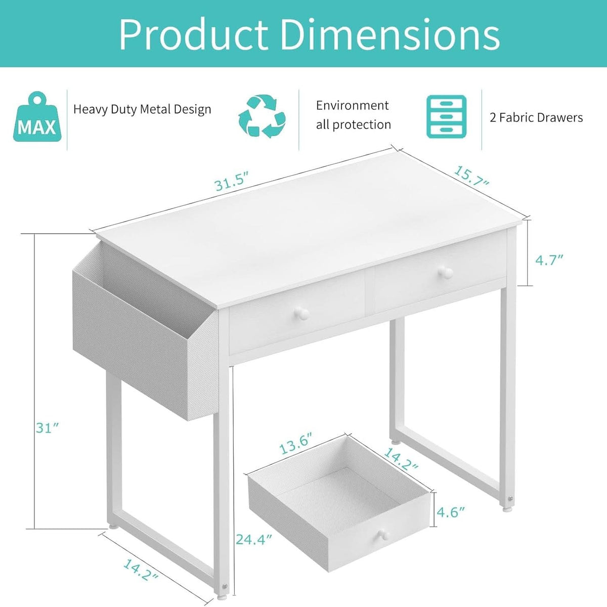 White Desk With Drawers 32 Inch Space Saving Home Office Desk