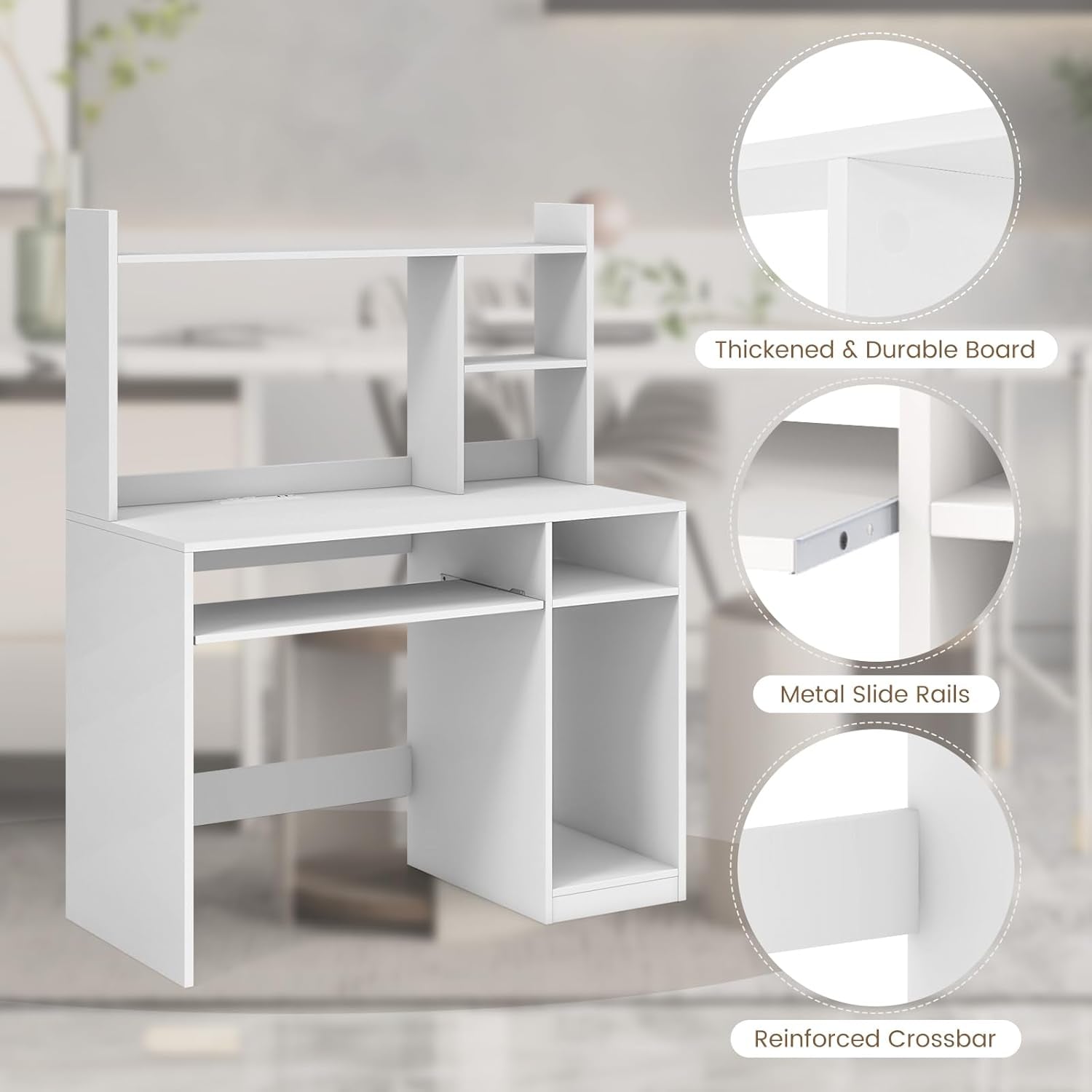 White Desk With Hutch And Charging Station For Home Office
