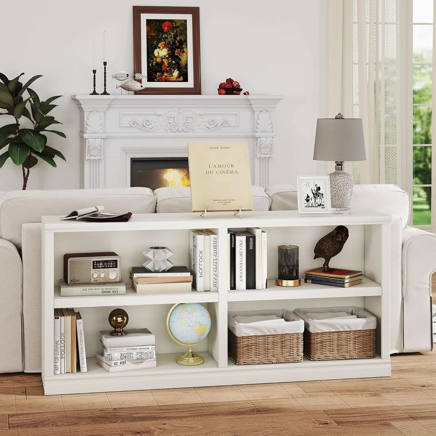 White Double Wide Bookshelf 64 Inch 2 Tier Storage Unit