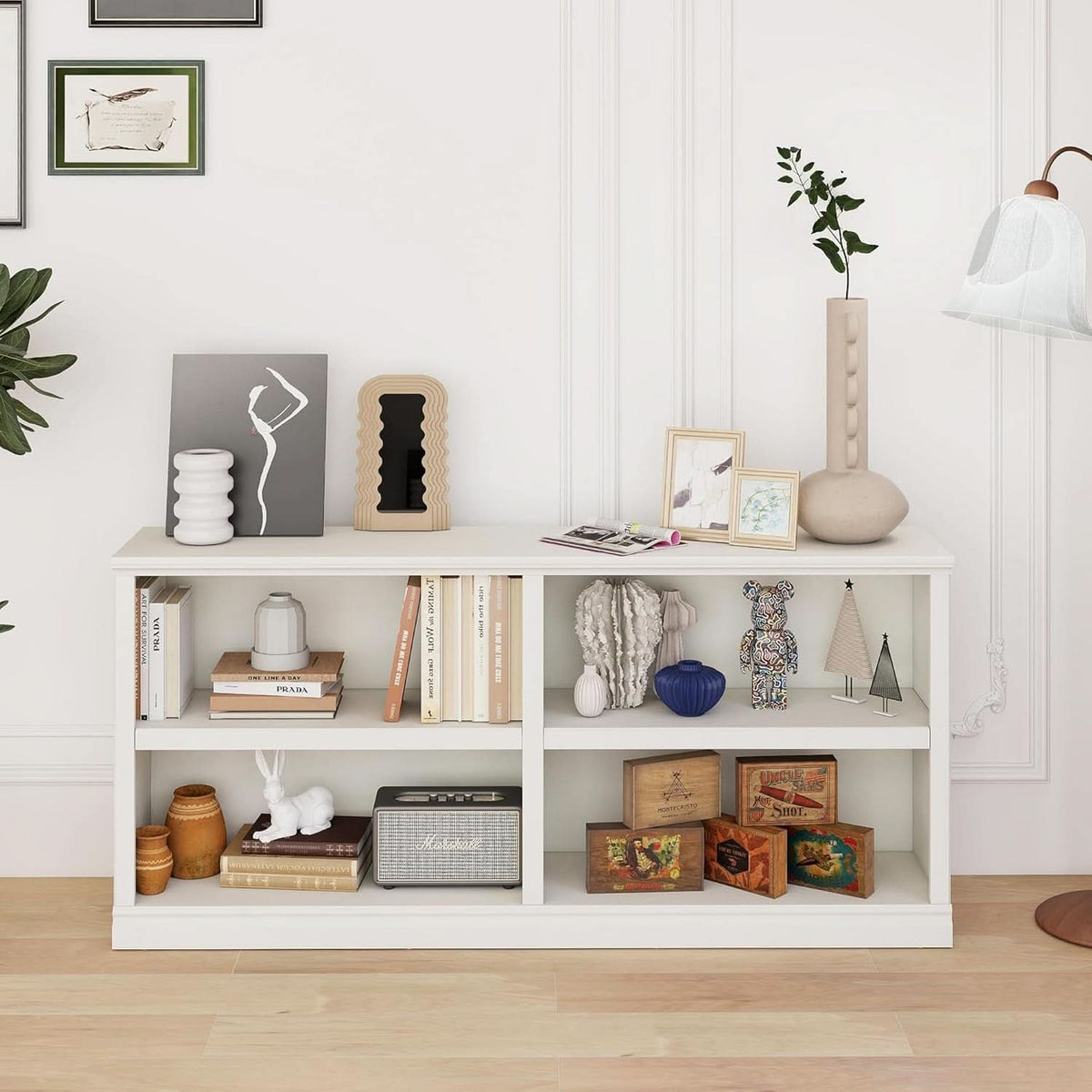 White Double Wide Bookshelf 64 Inch 2 Tier Storage Unit