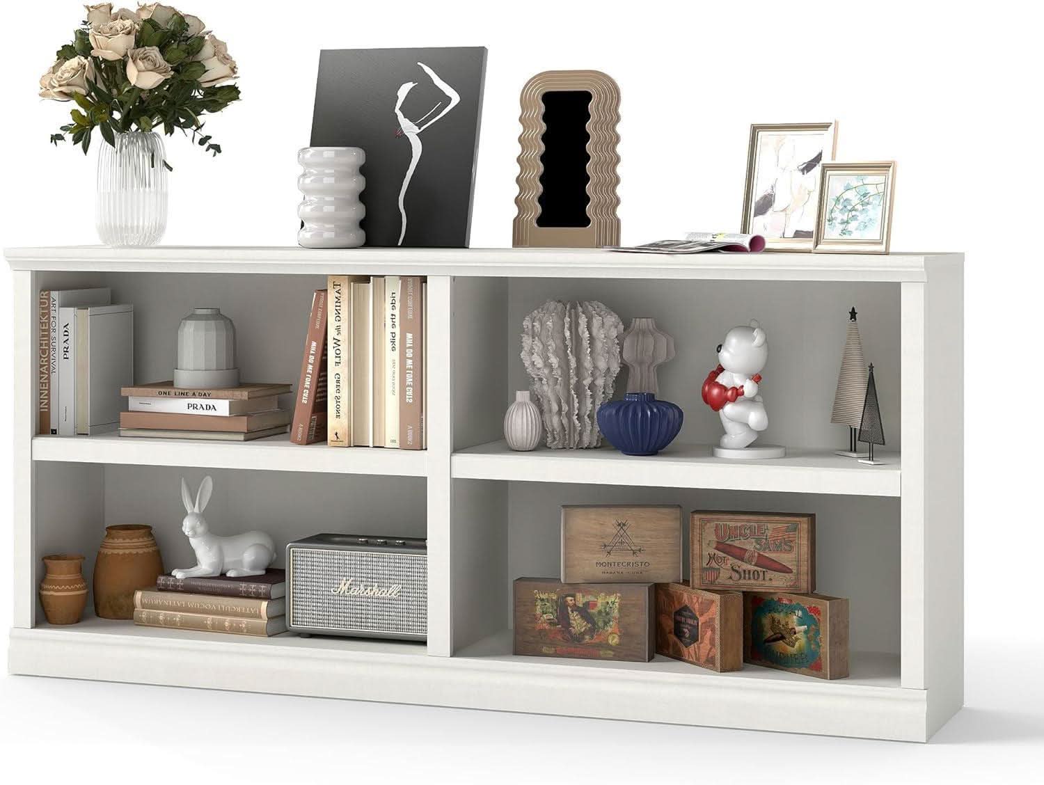 White Double Wide Bookshelf 64 Inch 2 Tier Storage Unit