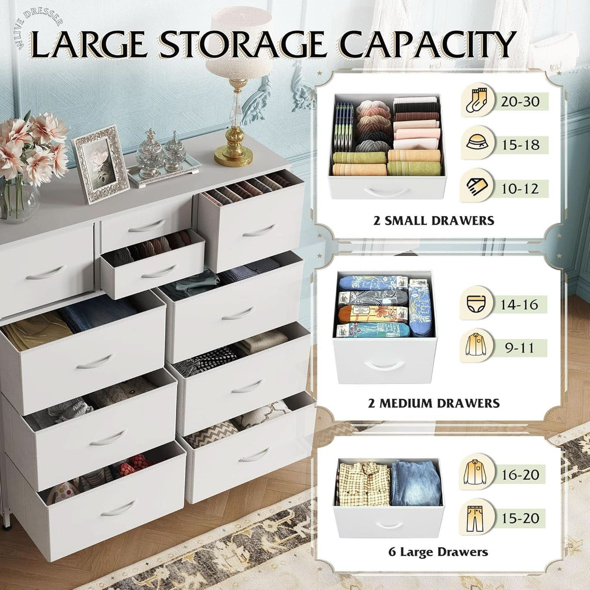 White Dresser 10 Drawer Storage Chest With Metal Frame