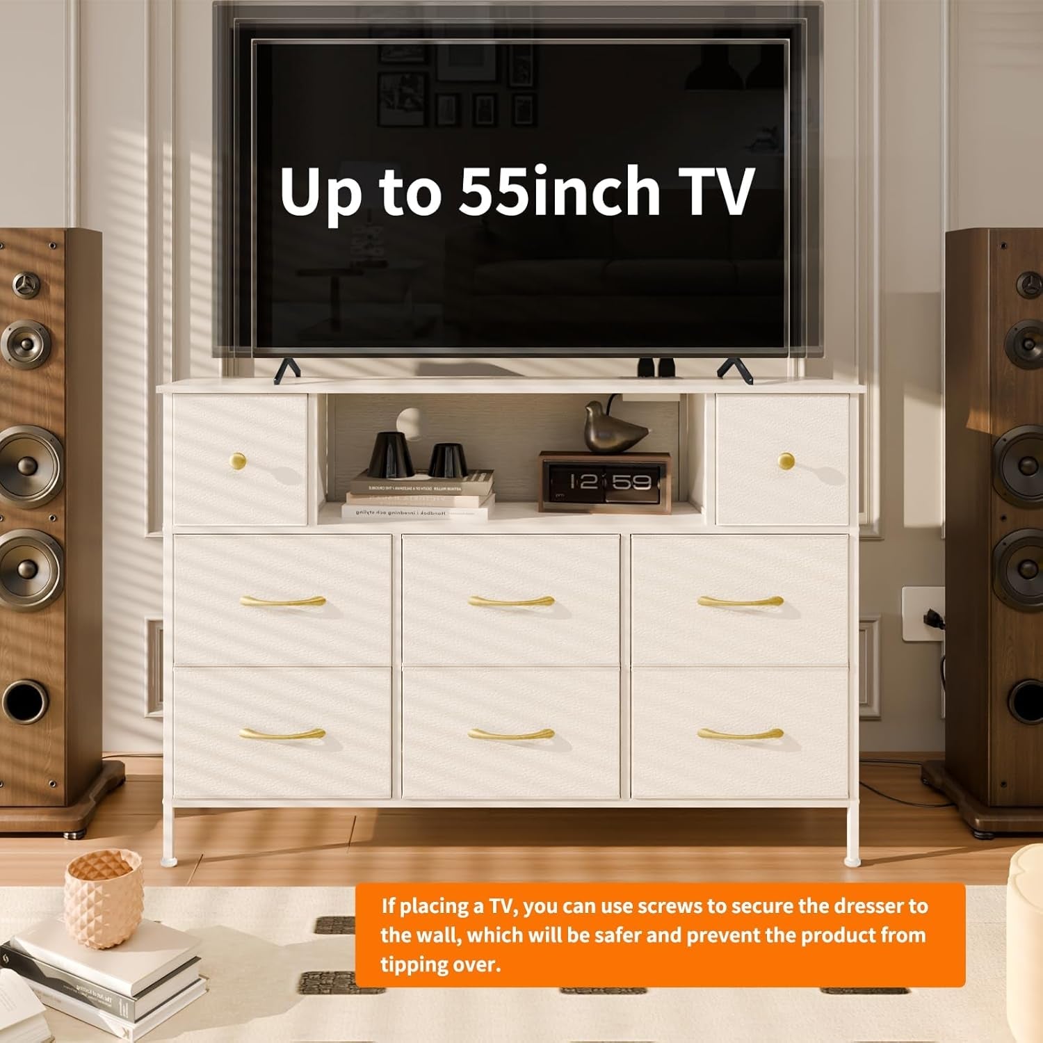 White Dresser And TV Stand 55 Inch With Power Outlets And LED Lights