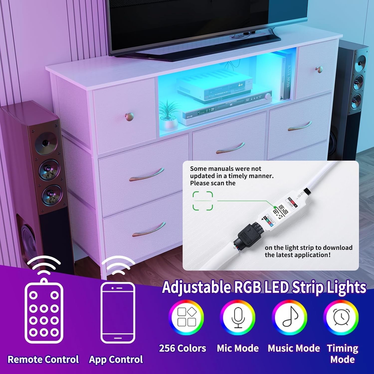 White Dresser And TV Stand 55 Inch With Power Outlets And LED Lights