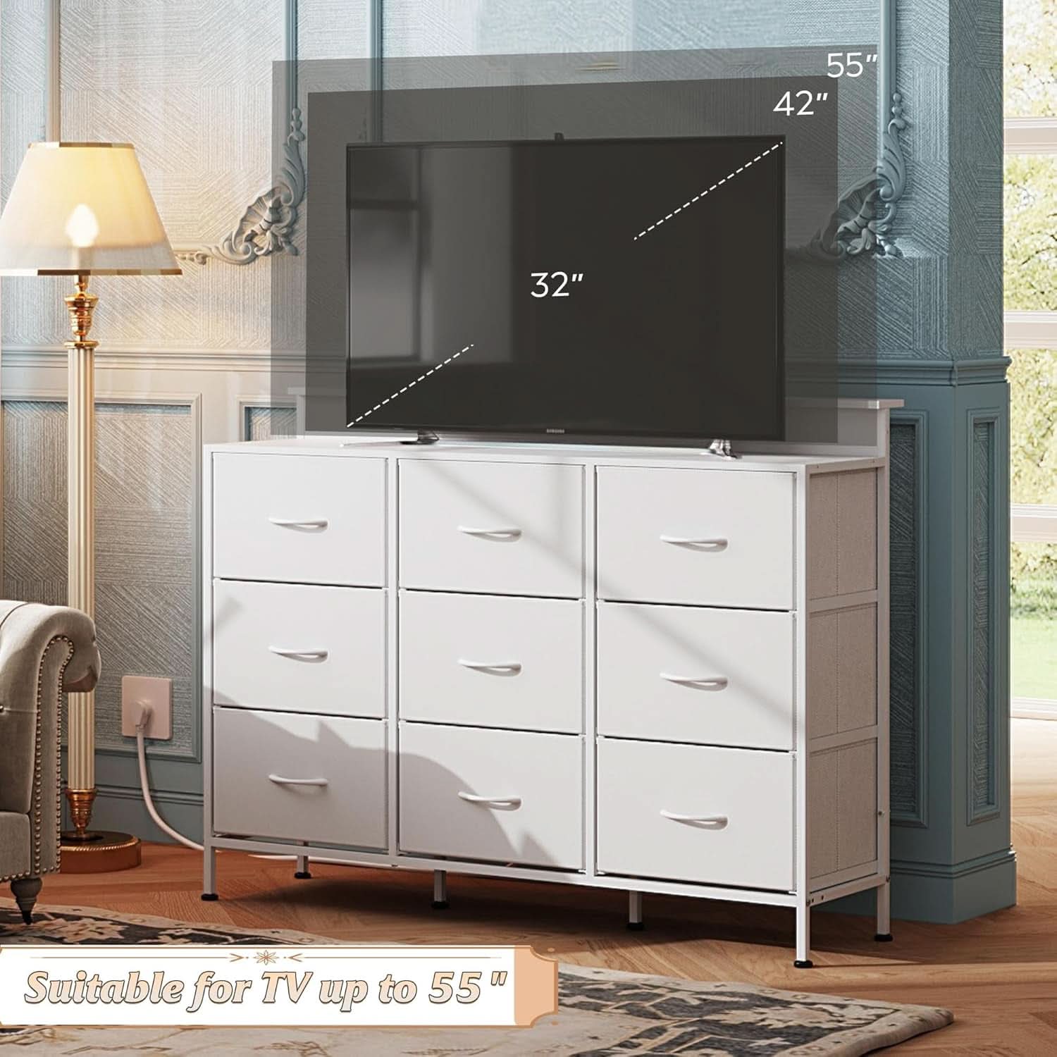 White Dresser TV Stand 55 Inch With LED Lights And Charging