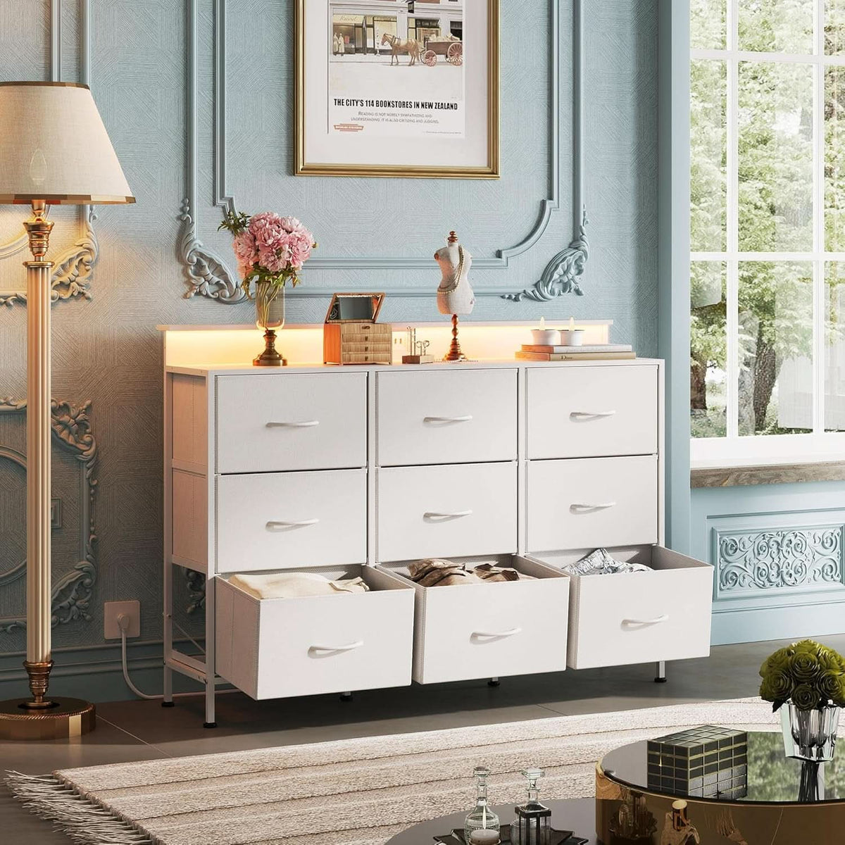 White Dresser TV Stand 55 Inch With LED Lights And Charging