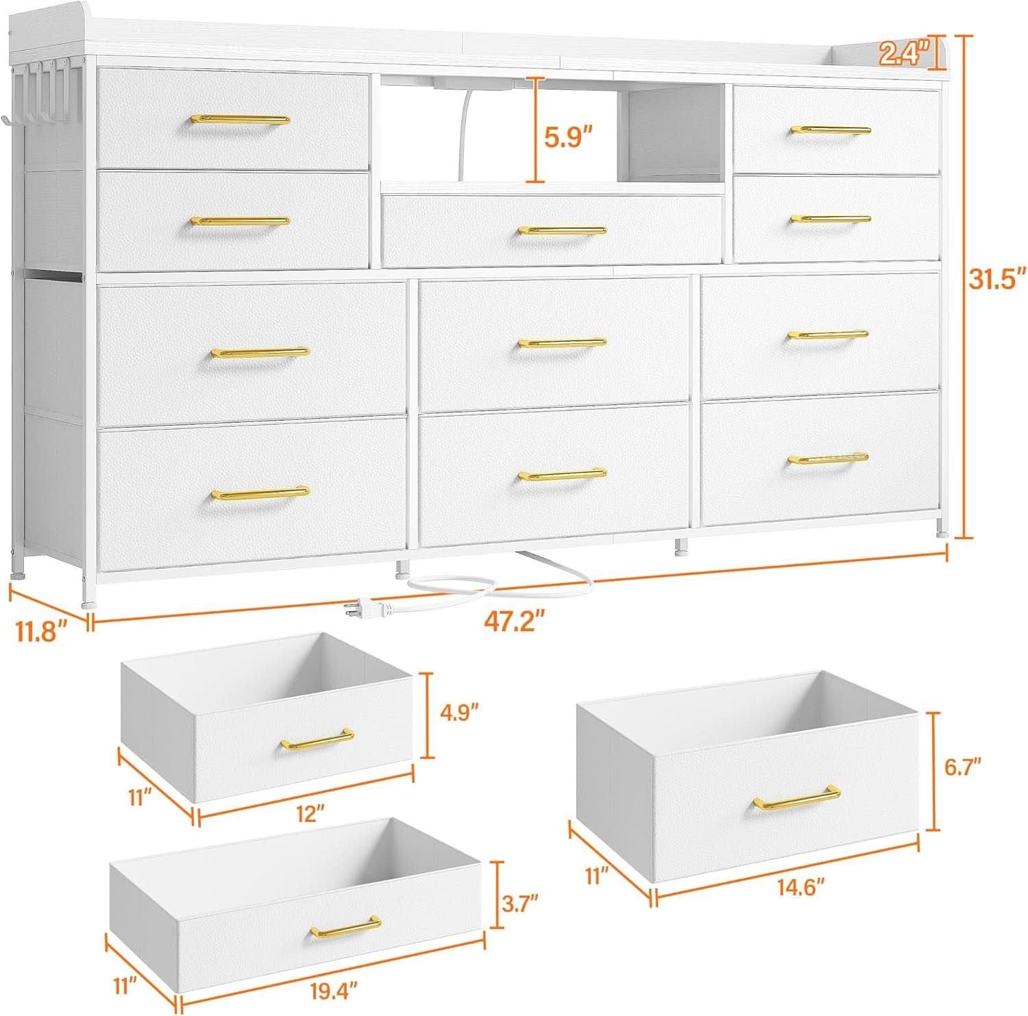 White Dresser TV Stand 60 Inch With LED And 11 Drawers