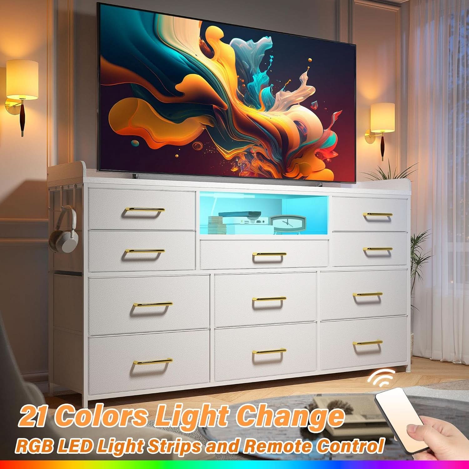 White Dresser TV Stand 60 Inch With LED And 11 Drawers