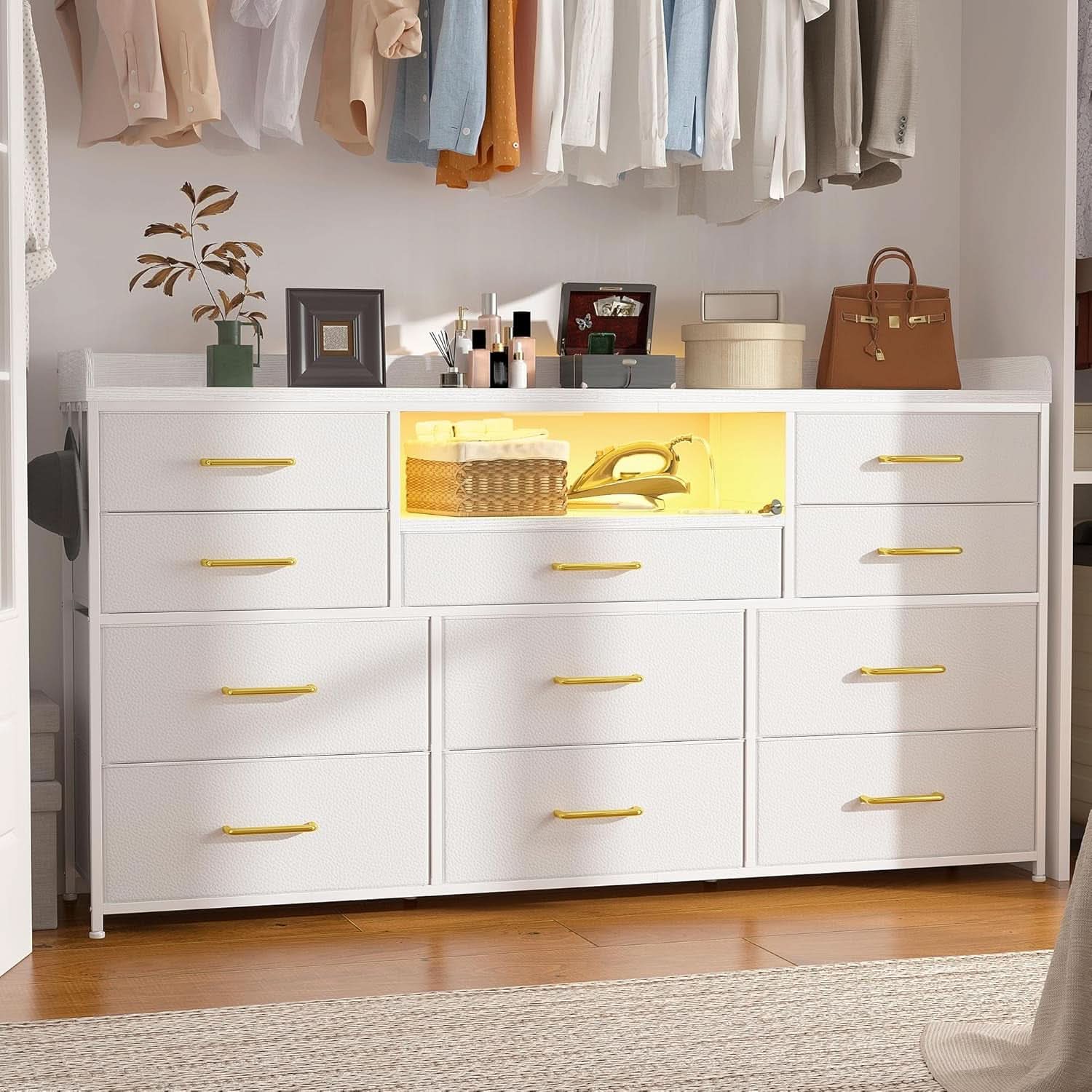 White Dresser TV Stand 60 Inch With LED And 11 Drawers