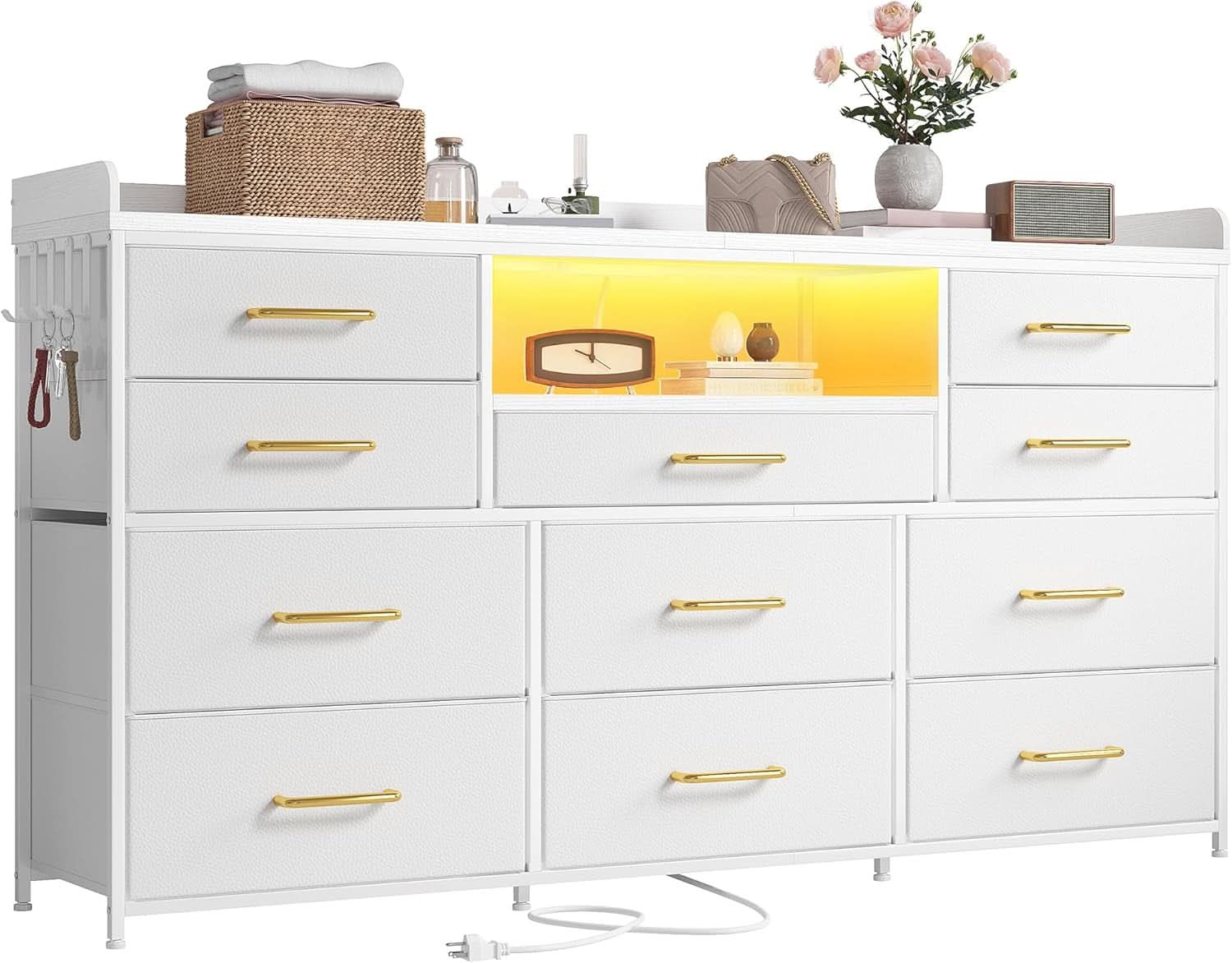 White Dresser TV Stand 60 Inch With LED And 11 Drawers