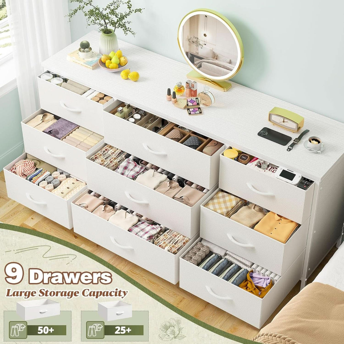 White Dresser TV Stand With 9 Drawers For Bedroom Storage