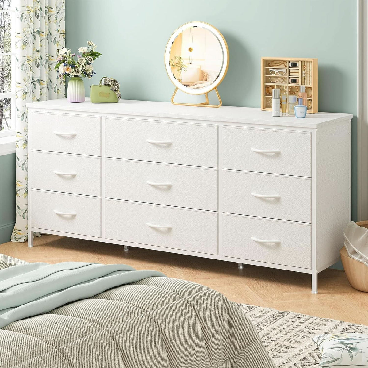 White Dresser TV Stand With 9 Drawers For Bedroom Storage