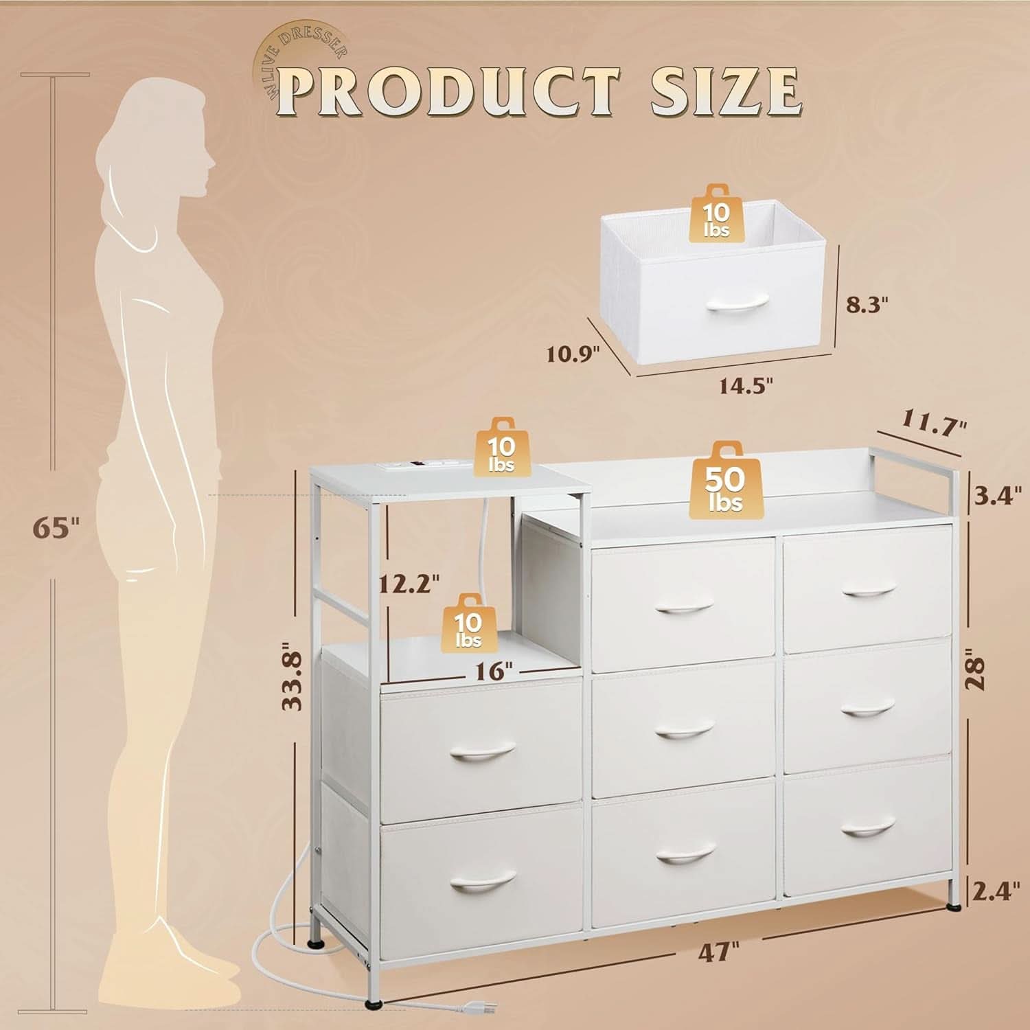 White Dresser TV Stand With Charging Station And Open Shelves 8 Drawers