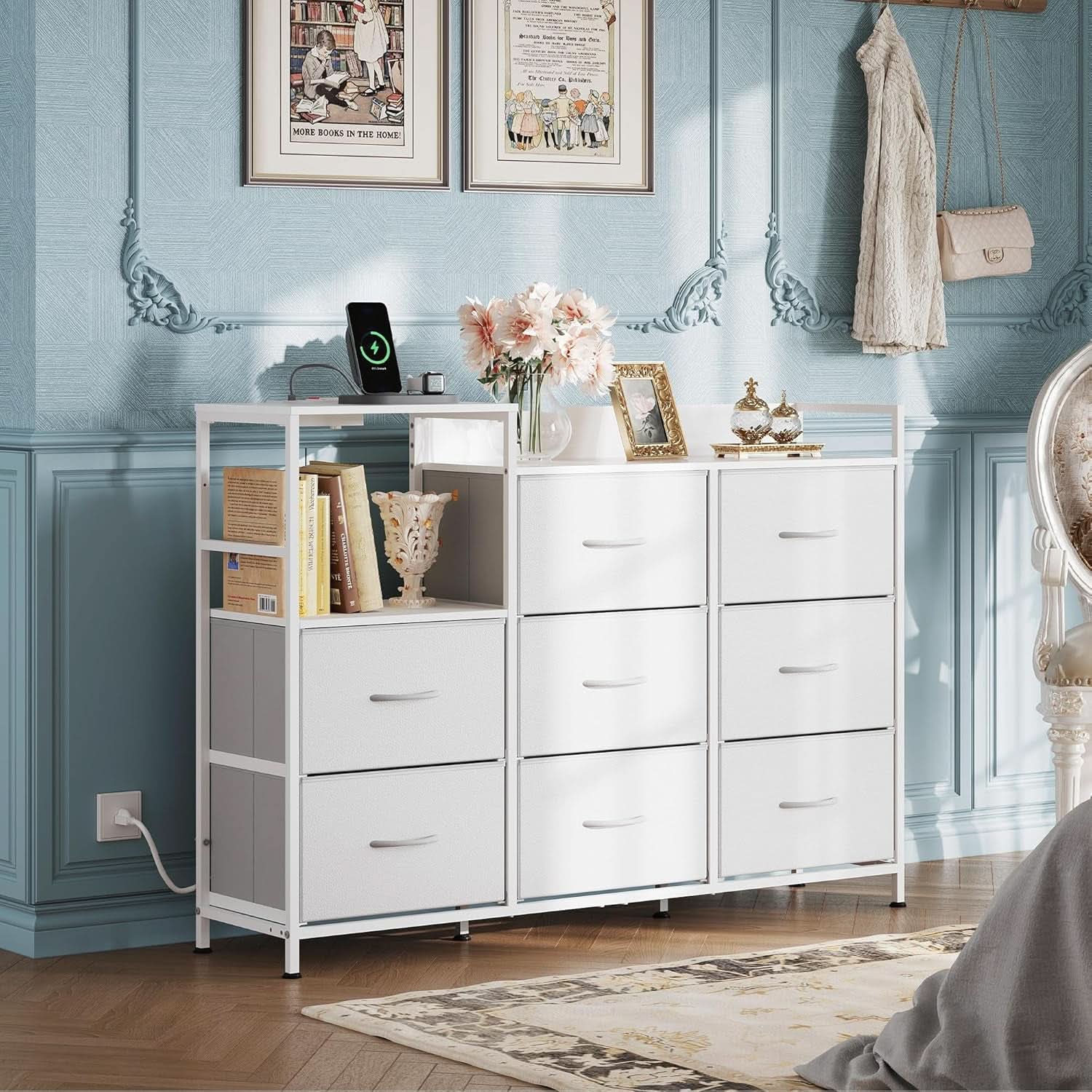 White Dresser TV Stand With Charging Station And Open Shelves 8 Drawers