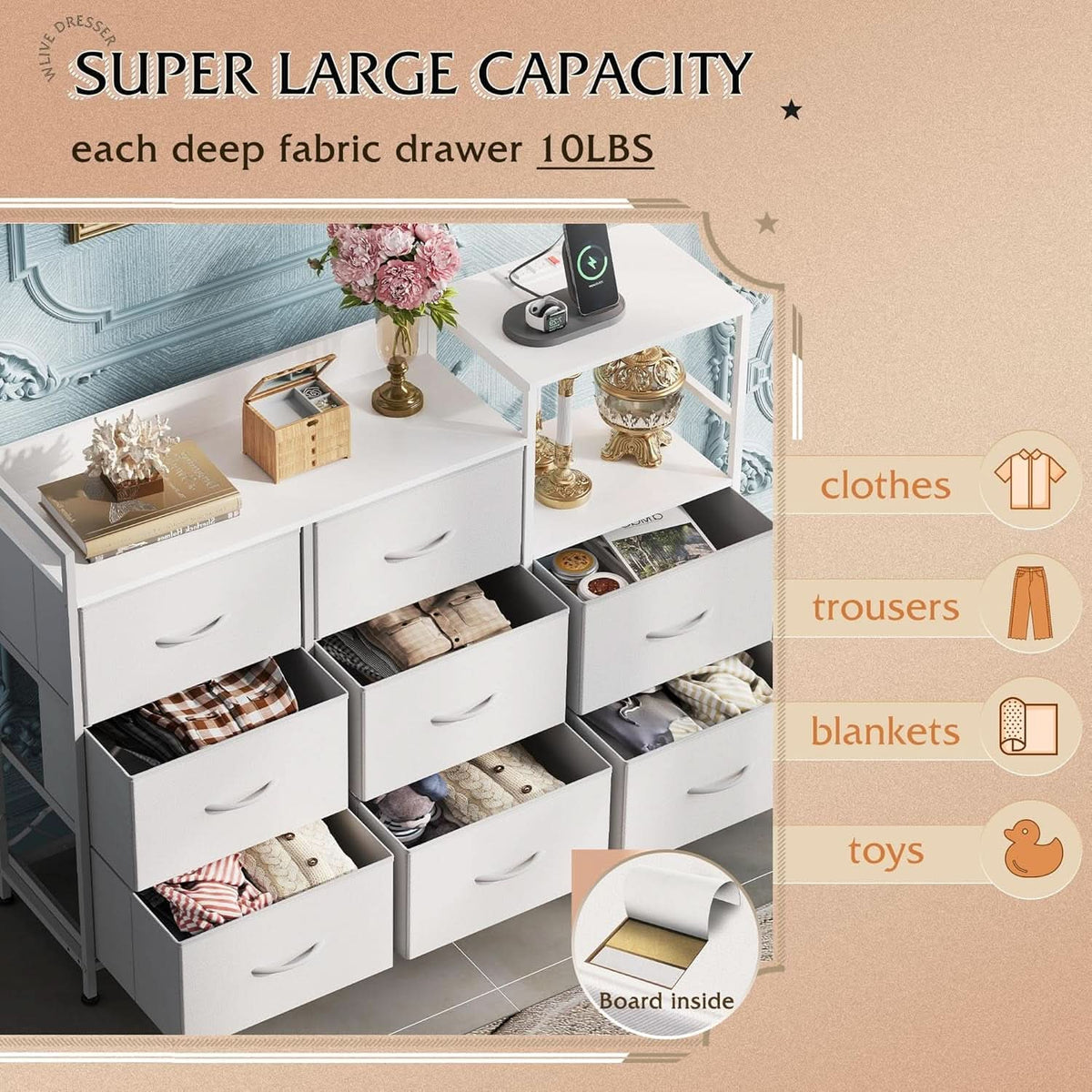 White Dresser TV Stand With Charging Station And Open Shelves 8 Drawers
