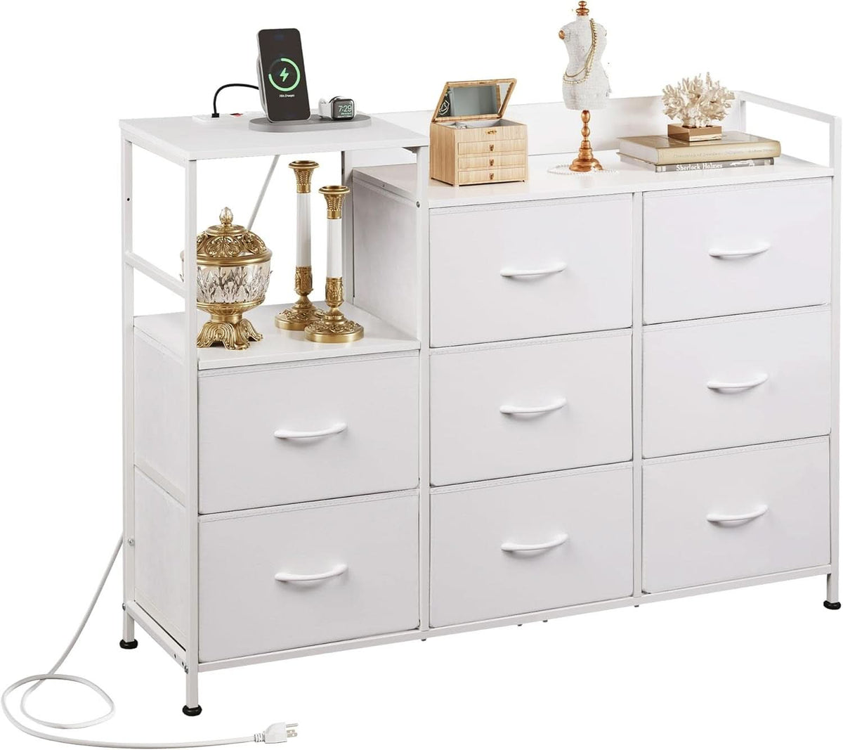 White Dresser TV Stand With Charging Station And Open Shelves 8 Drawers