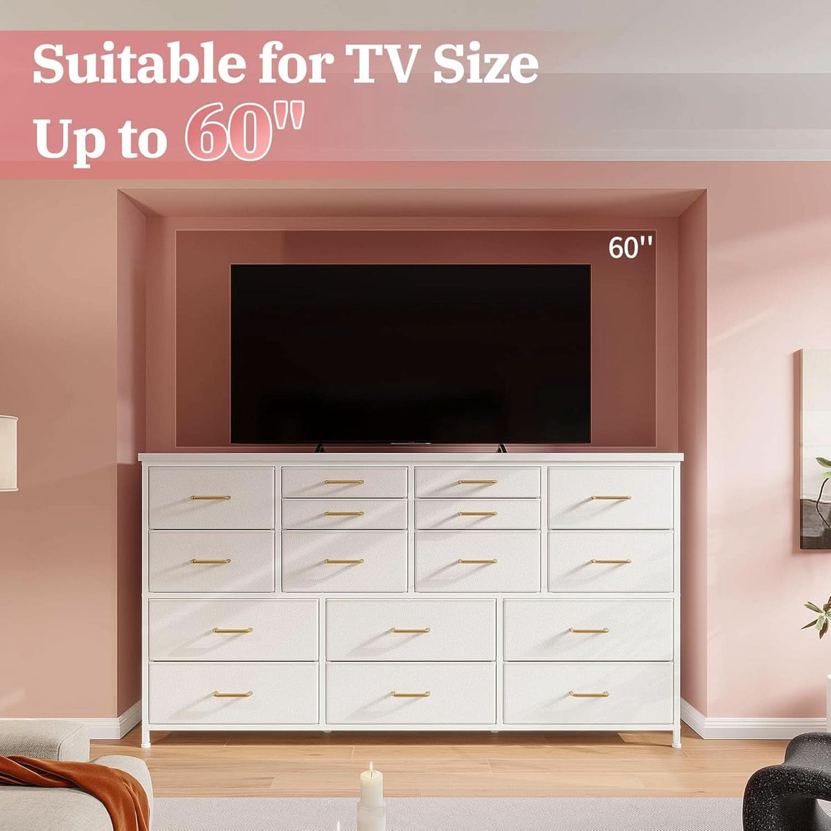 White Dresser TV Stand With Power Outlet And USB 51In Wide