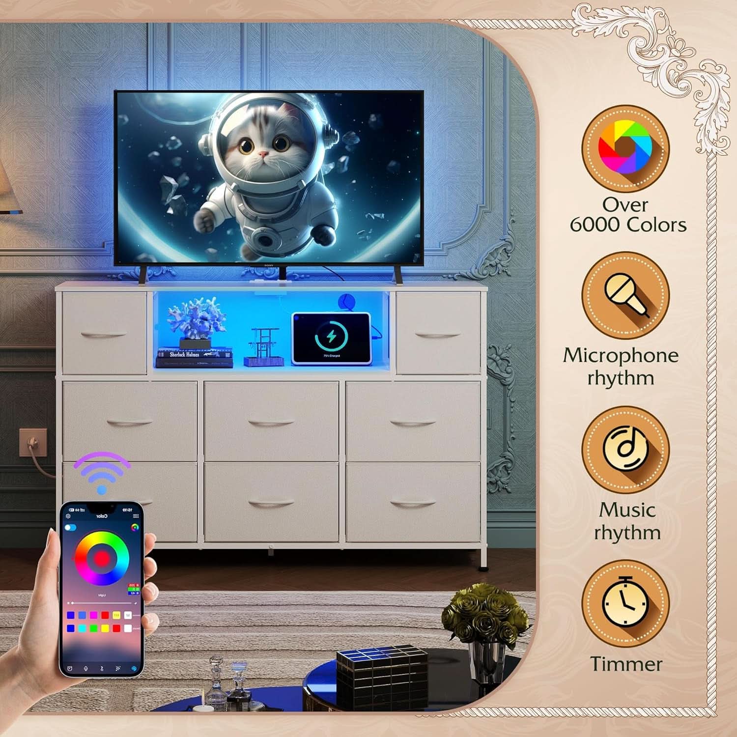 White Dresser TV Stand for 55 Inch TV with Charging Station LED Lights