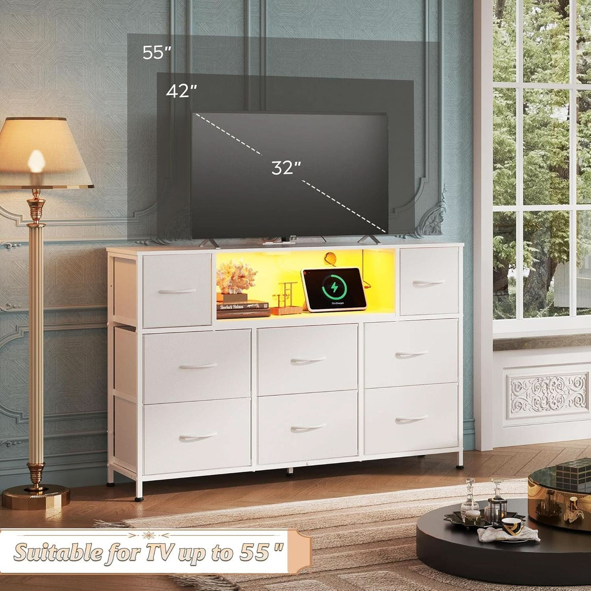 White Dresser TV Stand for 55 Inch TV with Charging Station LED Lights