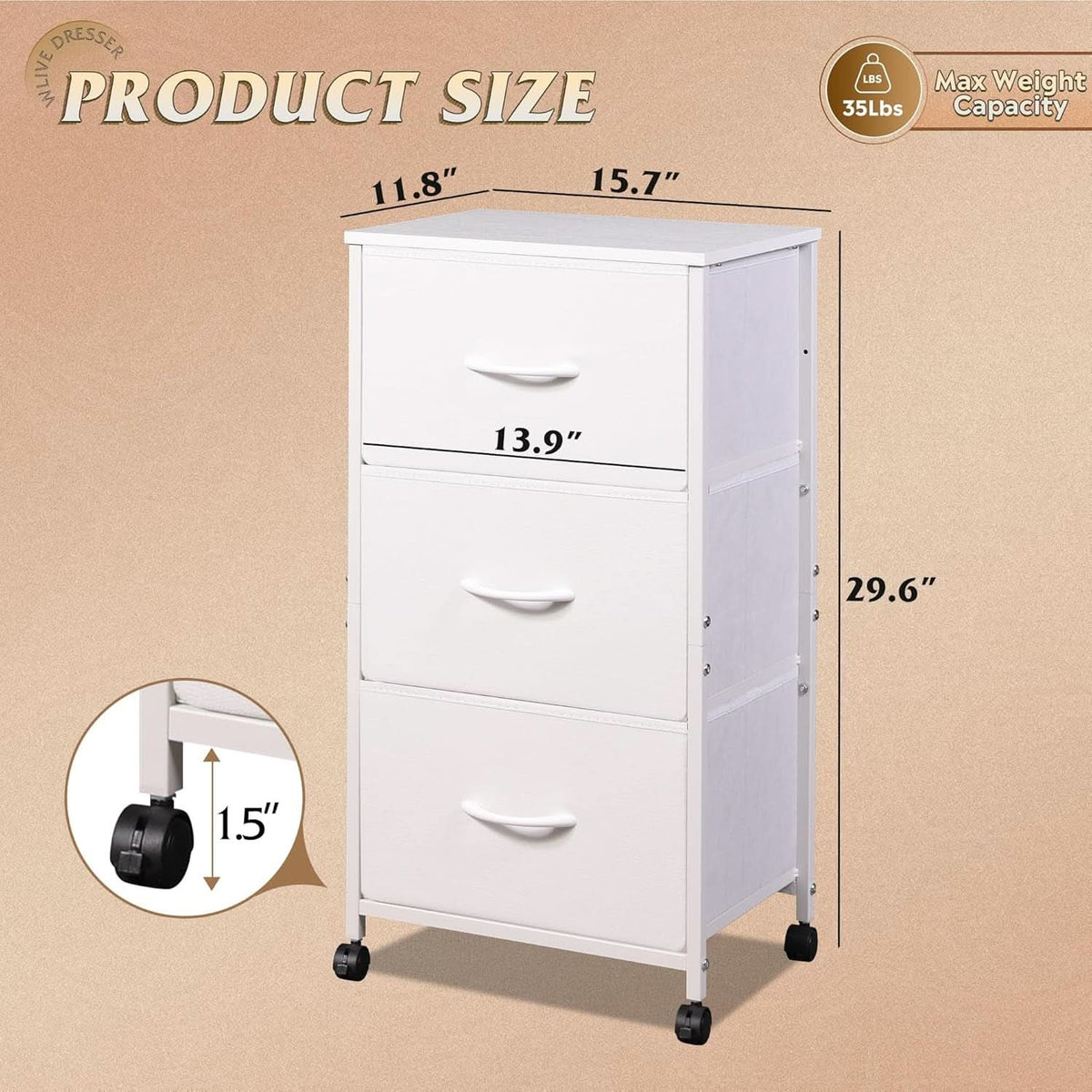 White Dresser With 3 Drawers And Wheels Wood Top Storage