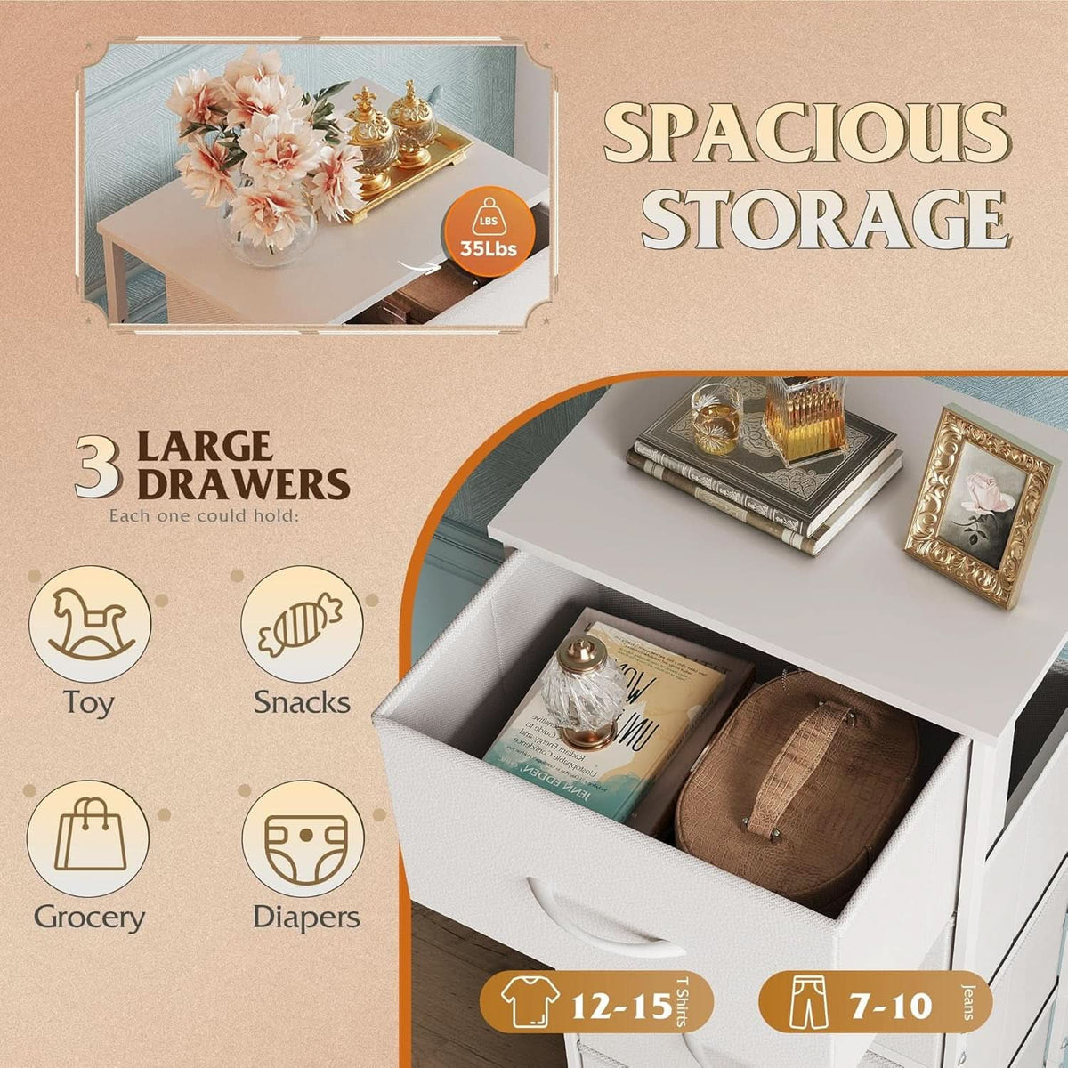 White Dresser With 3 Drawers And Wheels Wood Top Storage