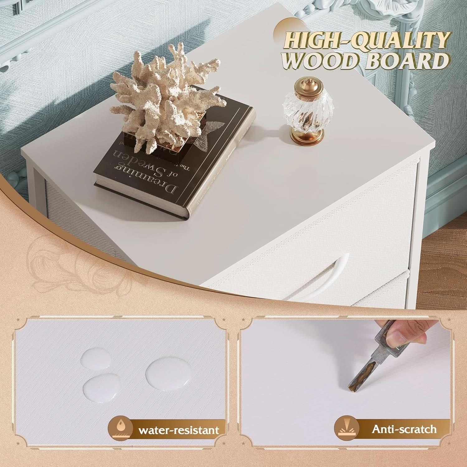 White Dresser With 3 Drawers And Wheels Wood Top Storage