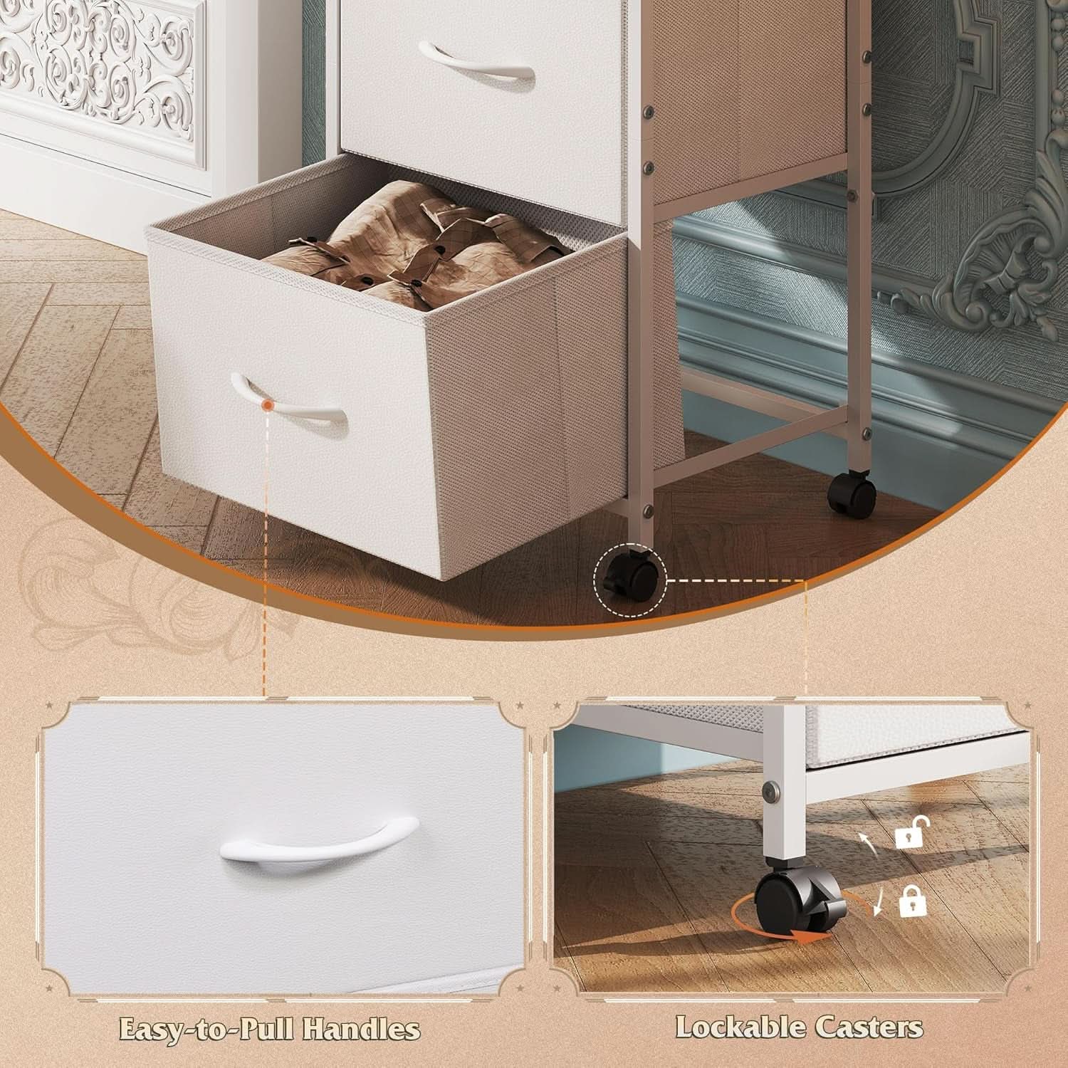 White Dresser With 3 Drawers And Wheels Wood Top Storage