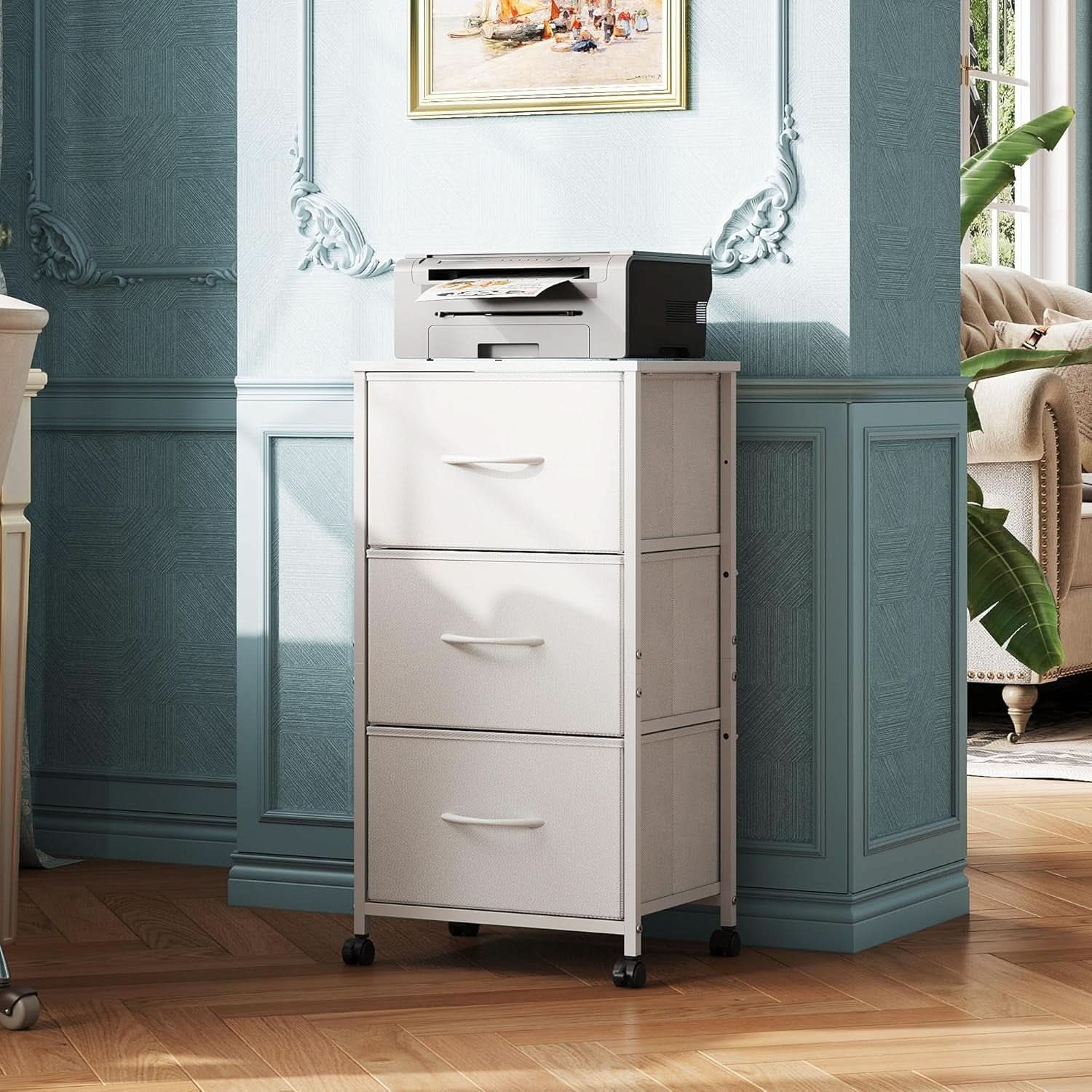 White Dresser With 3 Drawers And Wheels Wood Top Storage