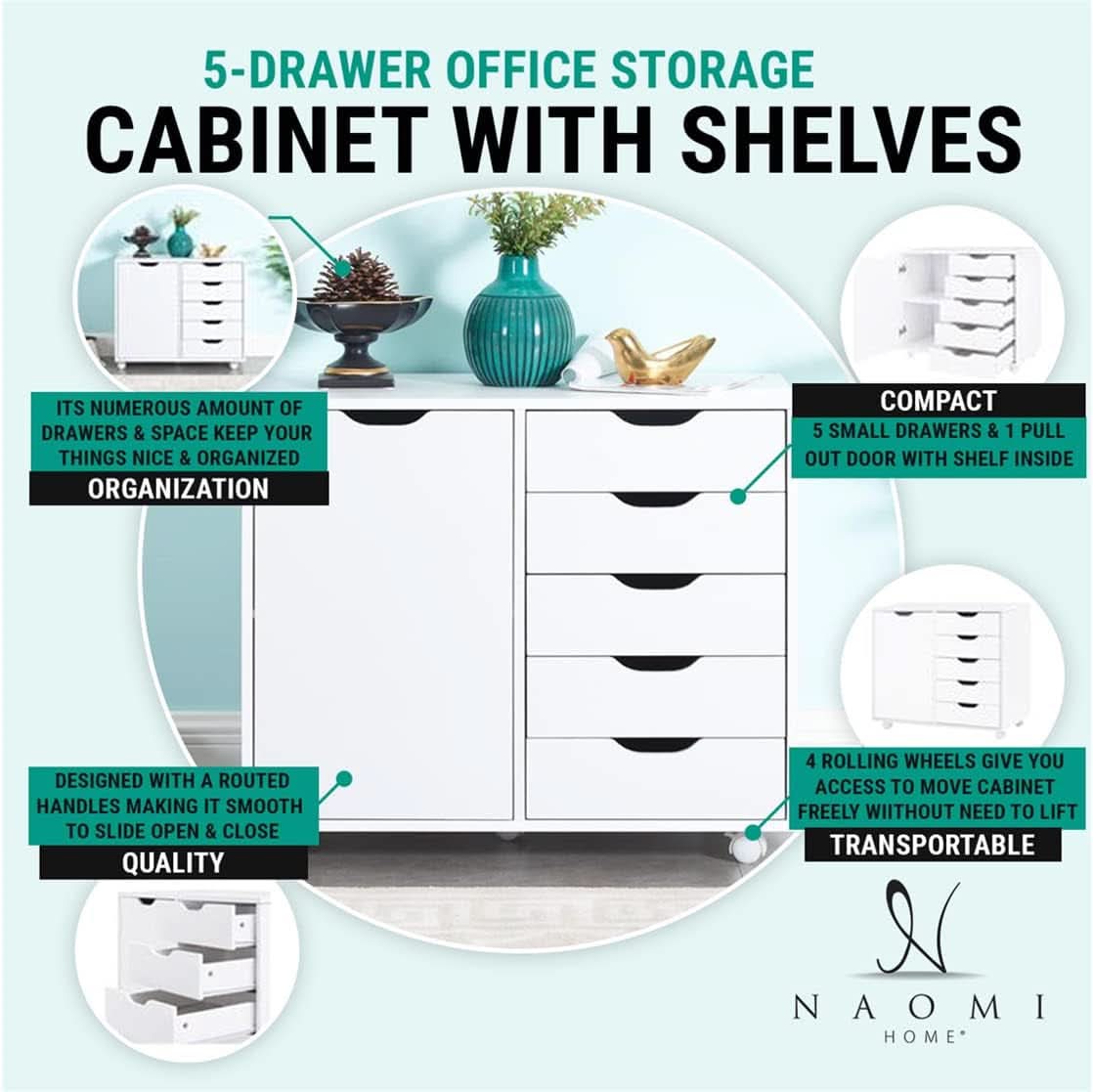 White Dresser With 5 Drawers And Rolling Swivel Wheels