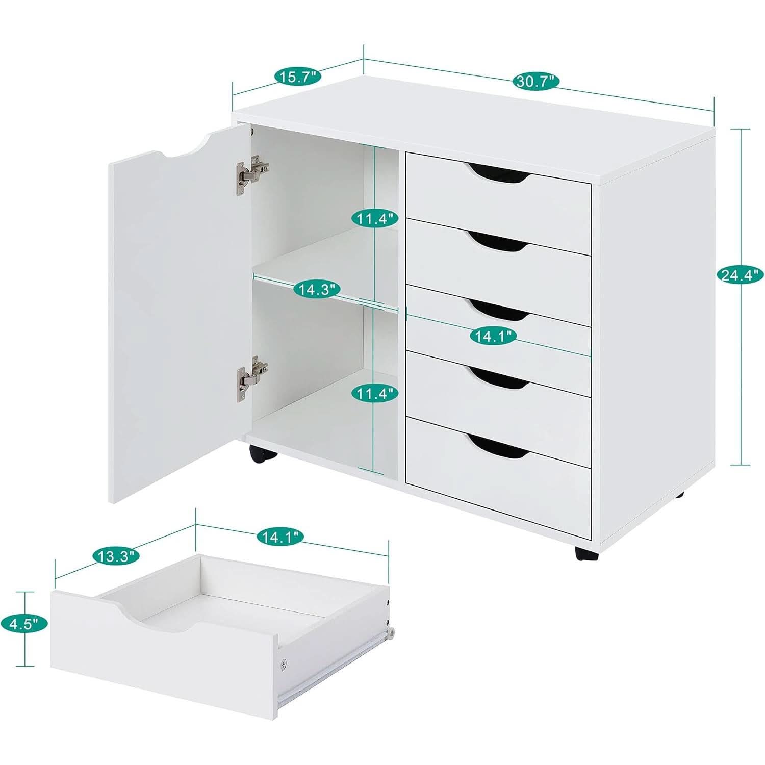White Dresser With 5 Drawers And Rolling Swivel Wheels