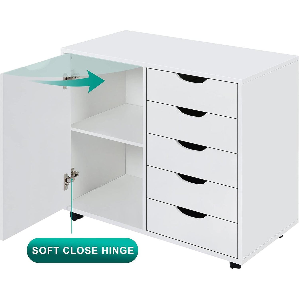 White Dresser With 5 Drawers And Rolling Swivel Wheels