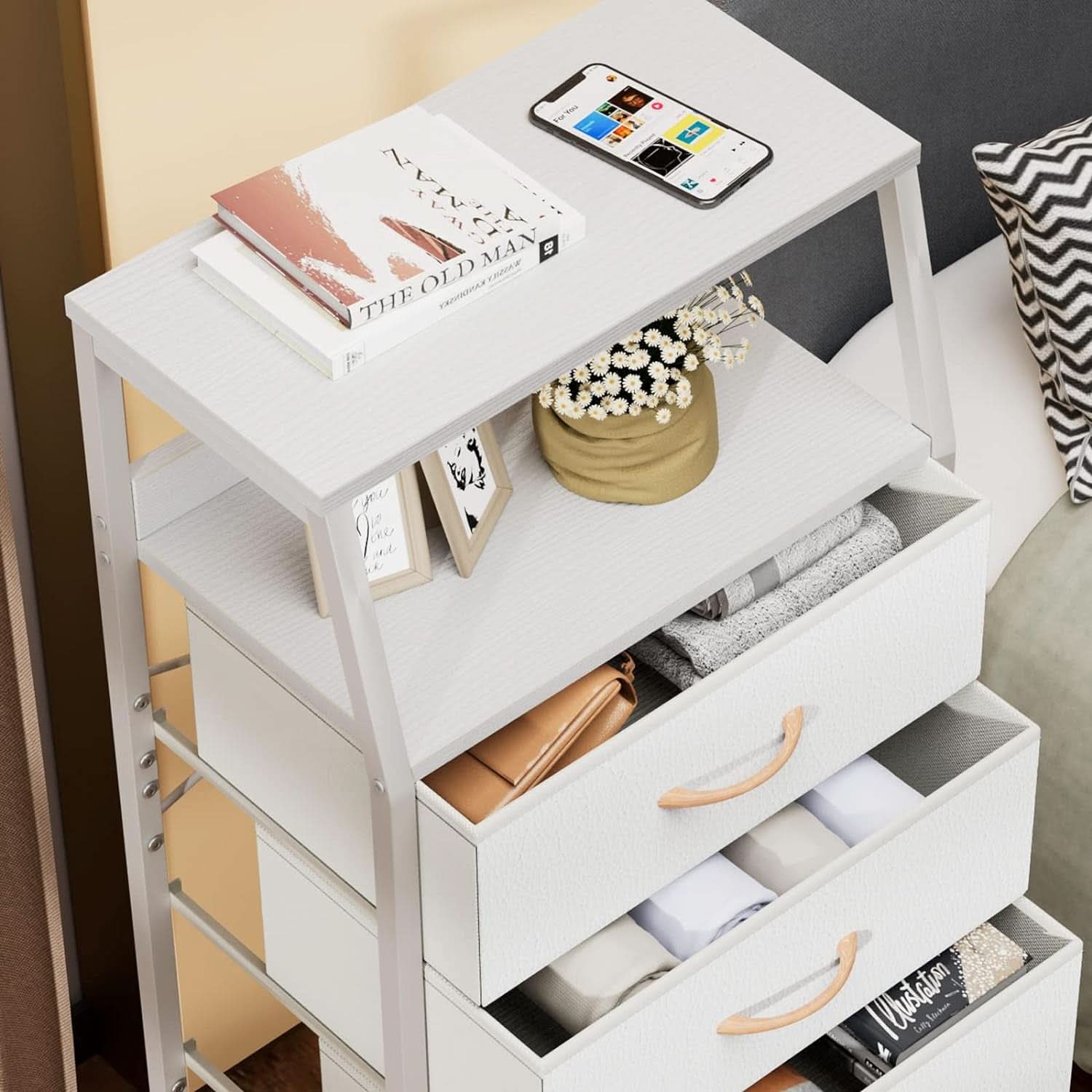 White Dresser With 5 Drawers And Wood Top Bedroom Storage