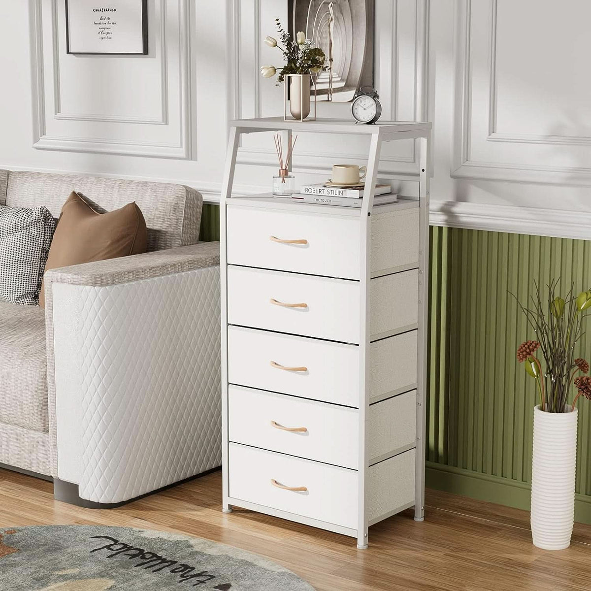 White Dresser With 5 Drawers And Wood Top Bedroom Storage