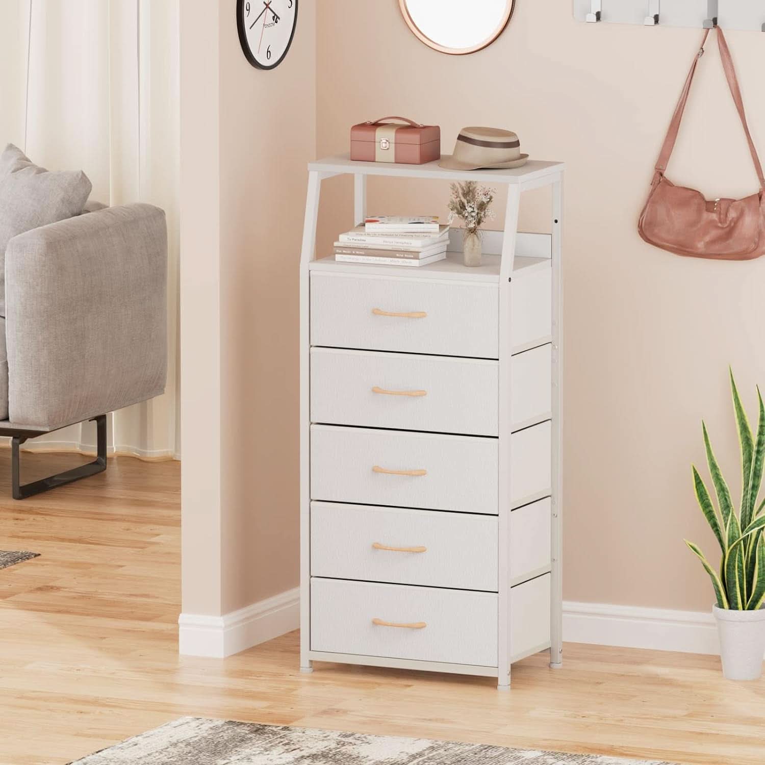White Dresser With 5 Drawers And Wood Top Bedroom Storage