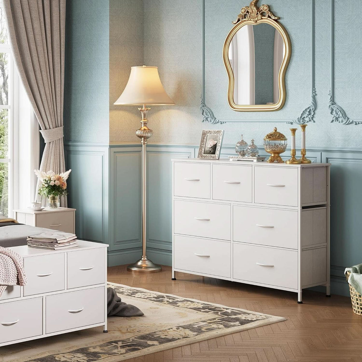 White Dresser With 7 Drawers Steel Frame Wood Top Bedroom Storage