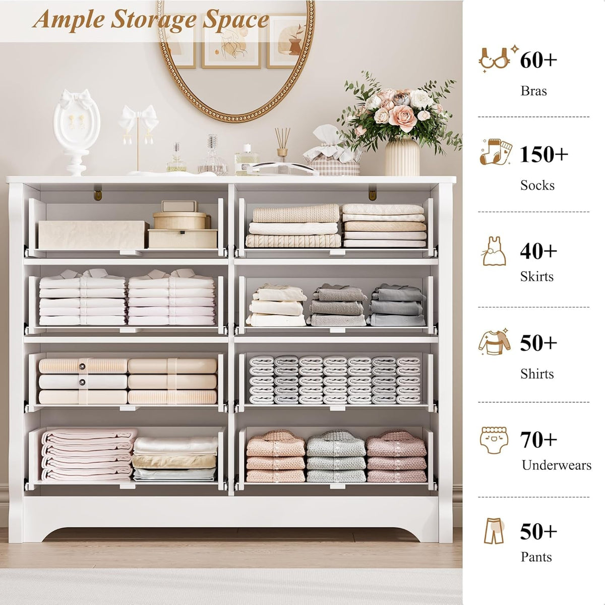 White Dresser With 8 Deep Drawers For Bedroom Or Living Room Storage