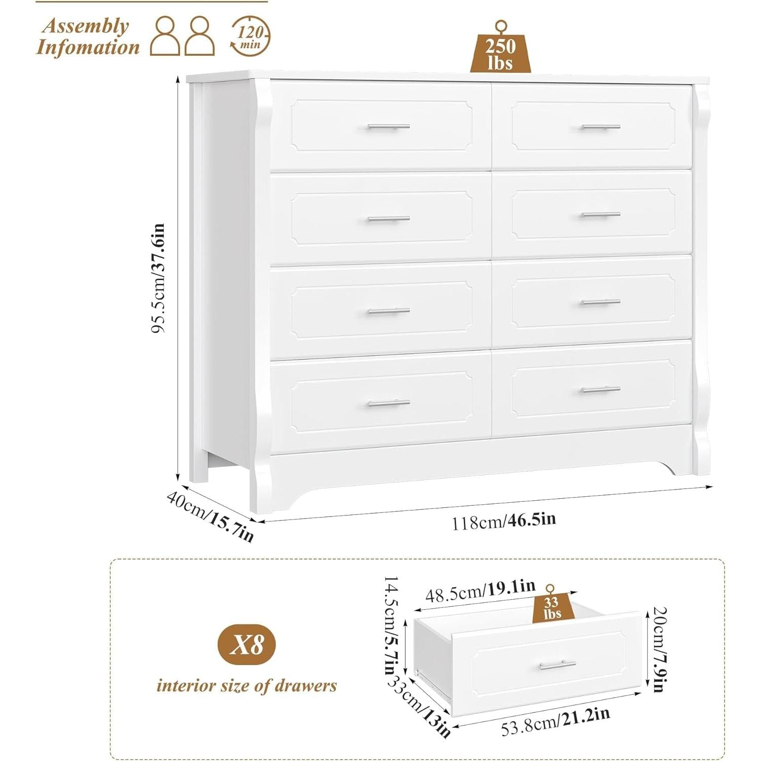 White Dresser With 8 Deep Drawers For Bedroom Or Living Room Storage