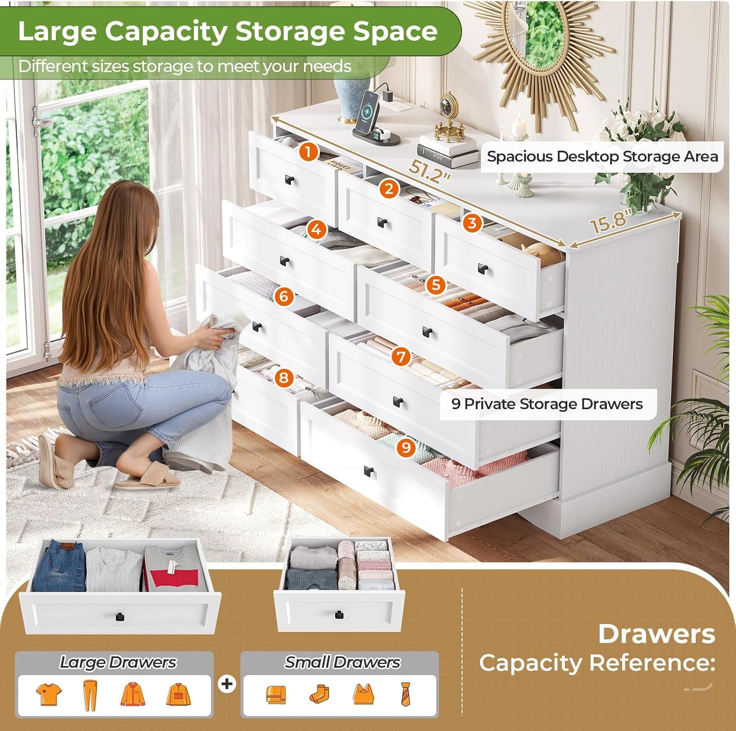 White Dresser With 9 Drawers And Charging Station Large