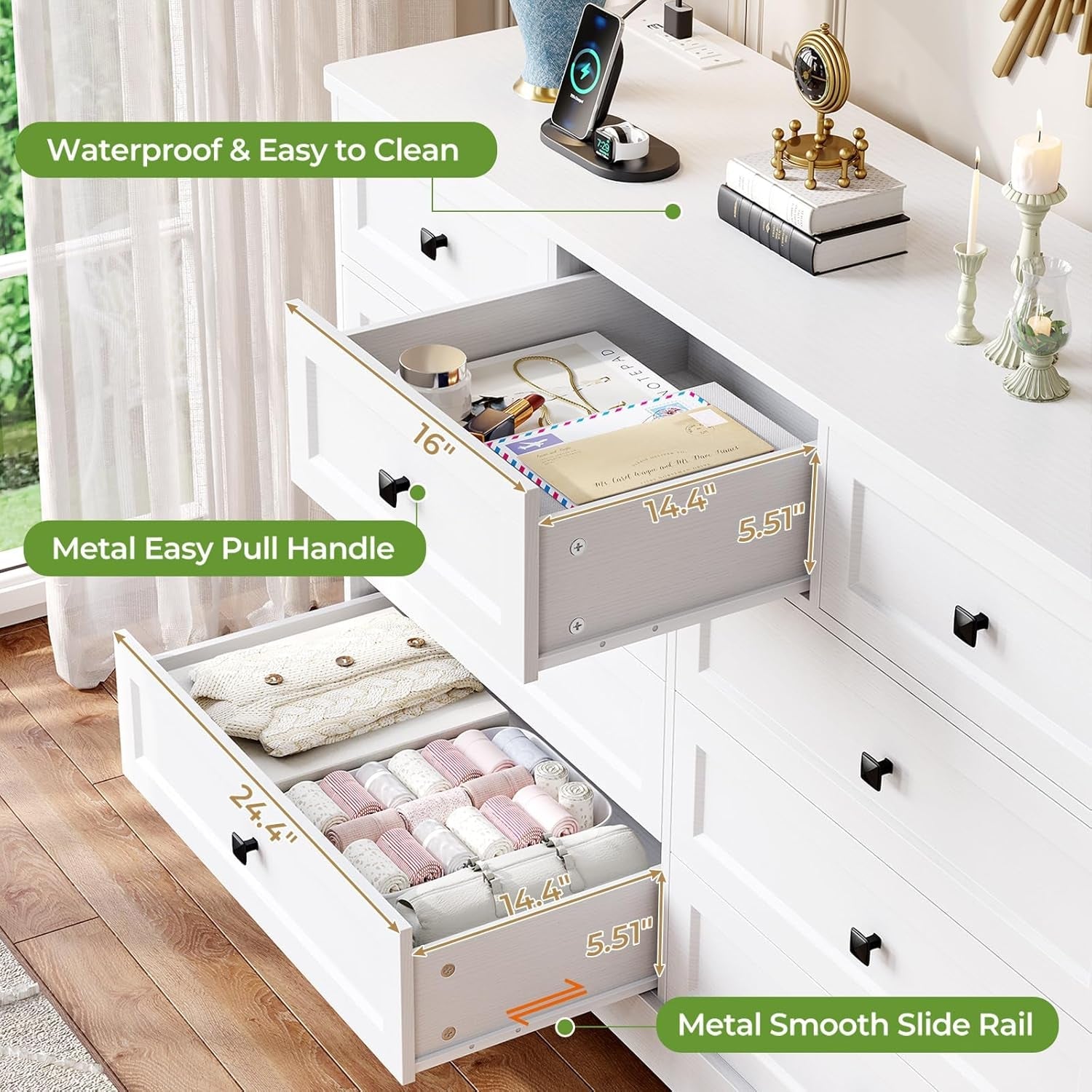 White Dresser With 9 Drawers And Charging Station Large