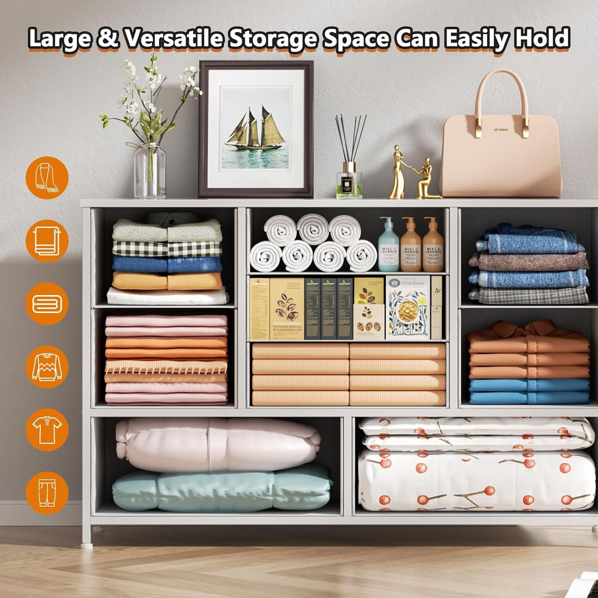 White Dresser With 9 Large Drawers For 55 Inch TV Stand
