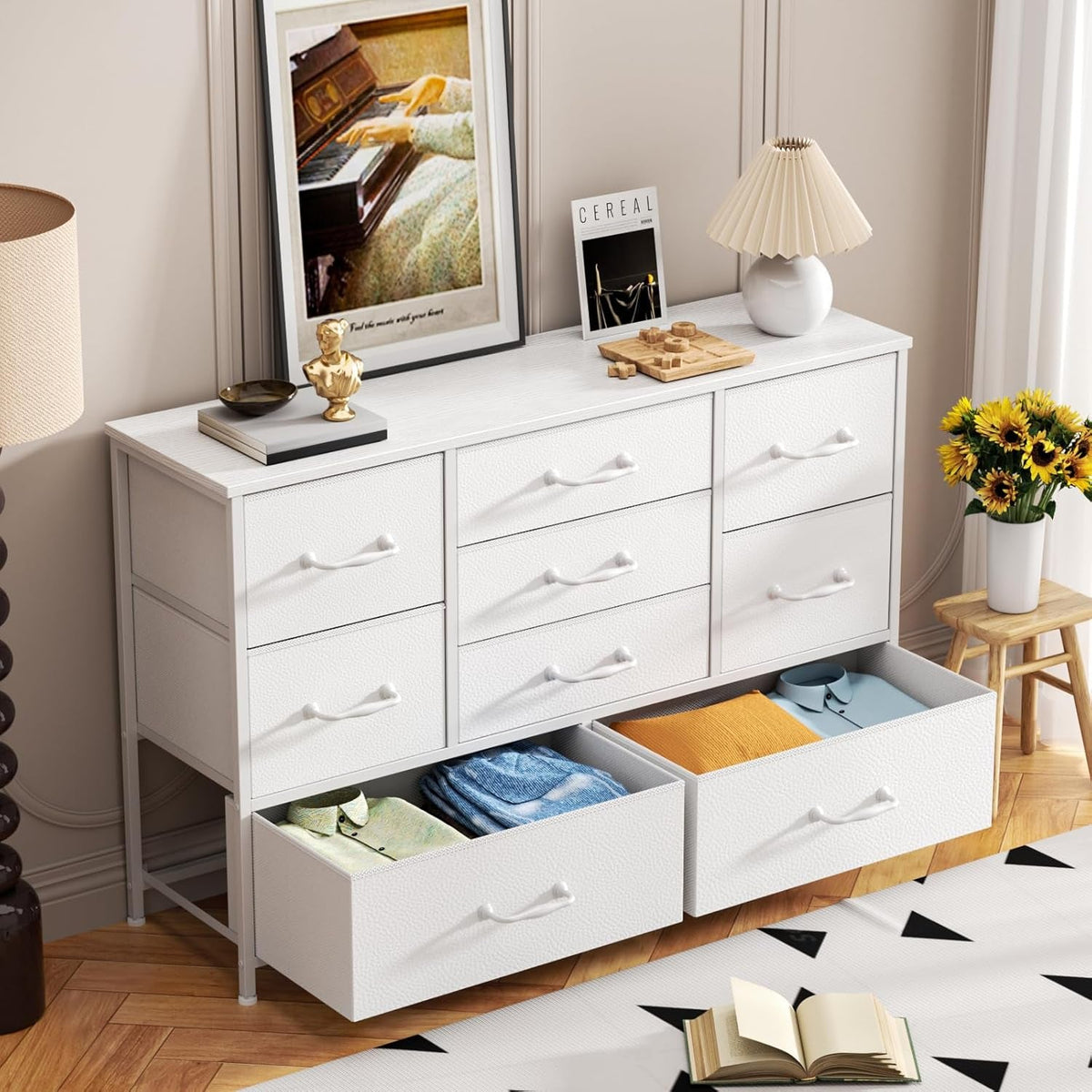 White Dresser With 9 Large Drawers For 55 Inch TV Stand