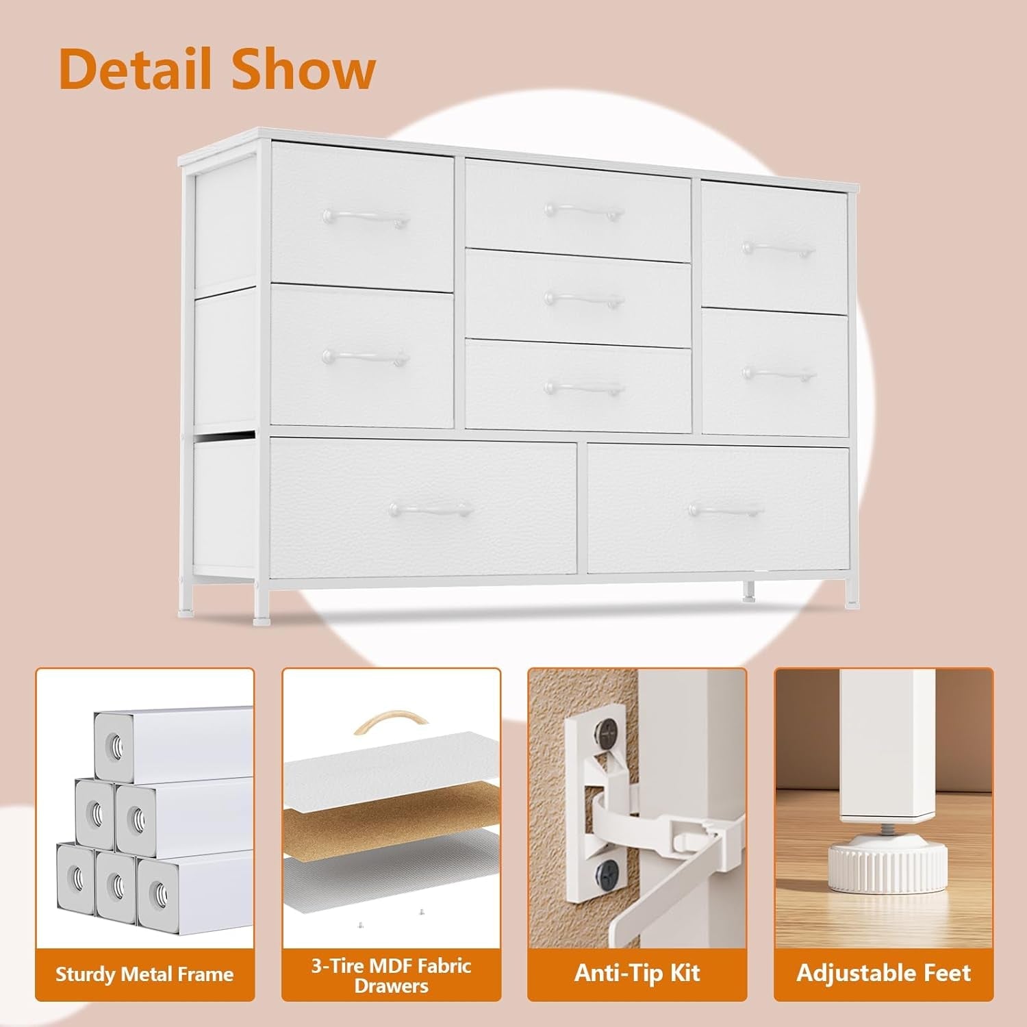 White Dresser With 9 Large Drawers For 55 Inch TV Stand