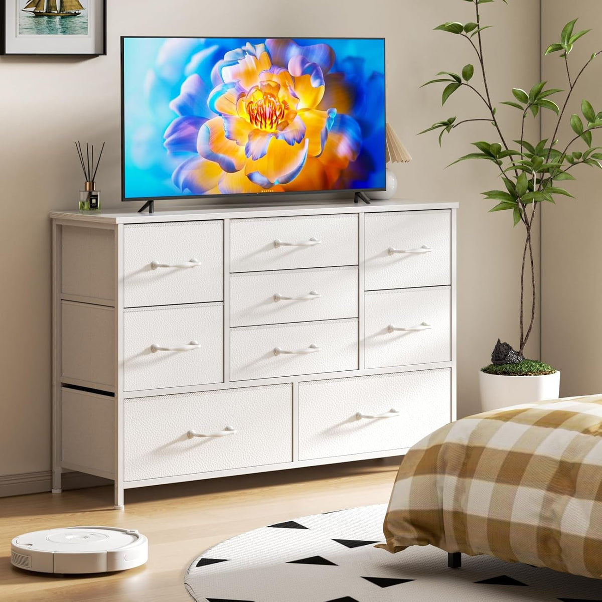 White Dresser With 9 Large Drawers For 55 Inch TV Stand
