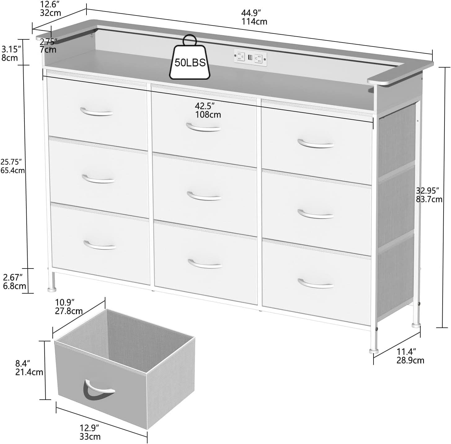 White Dresser With Integrated LED Lighting And Charging