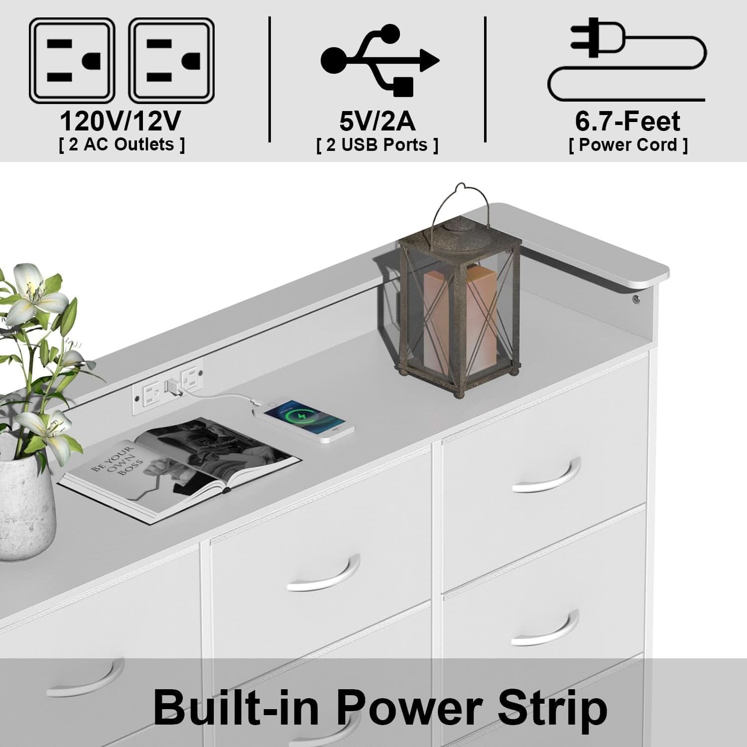 White Dresser With Integrated LED Lighting And Charging