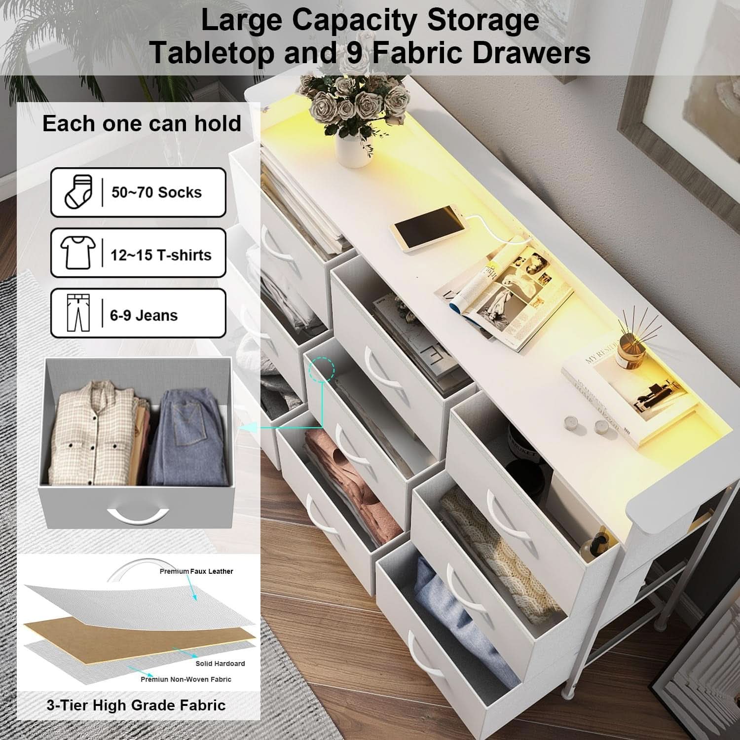 White Dresser With Integrated LED Lighting And Charging