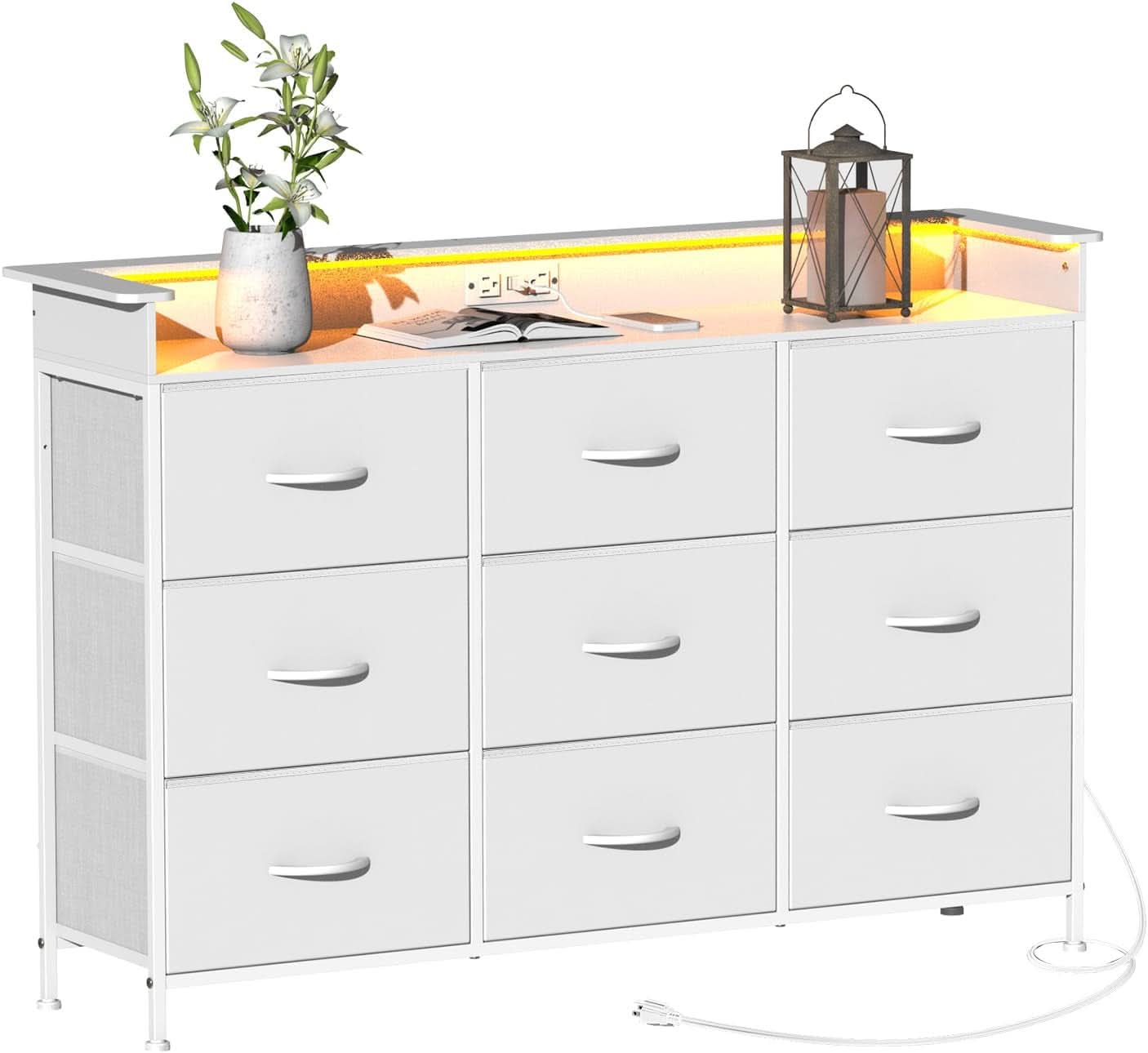 White Dresser With Integrated LED Lighting And Charging